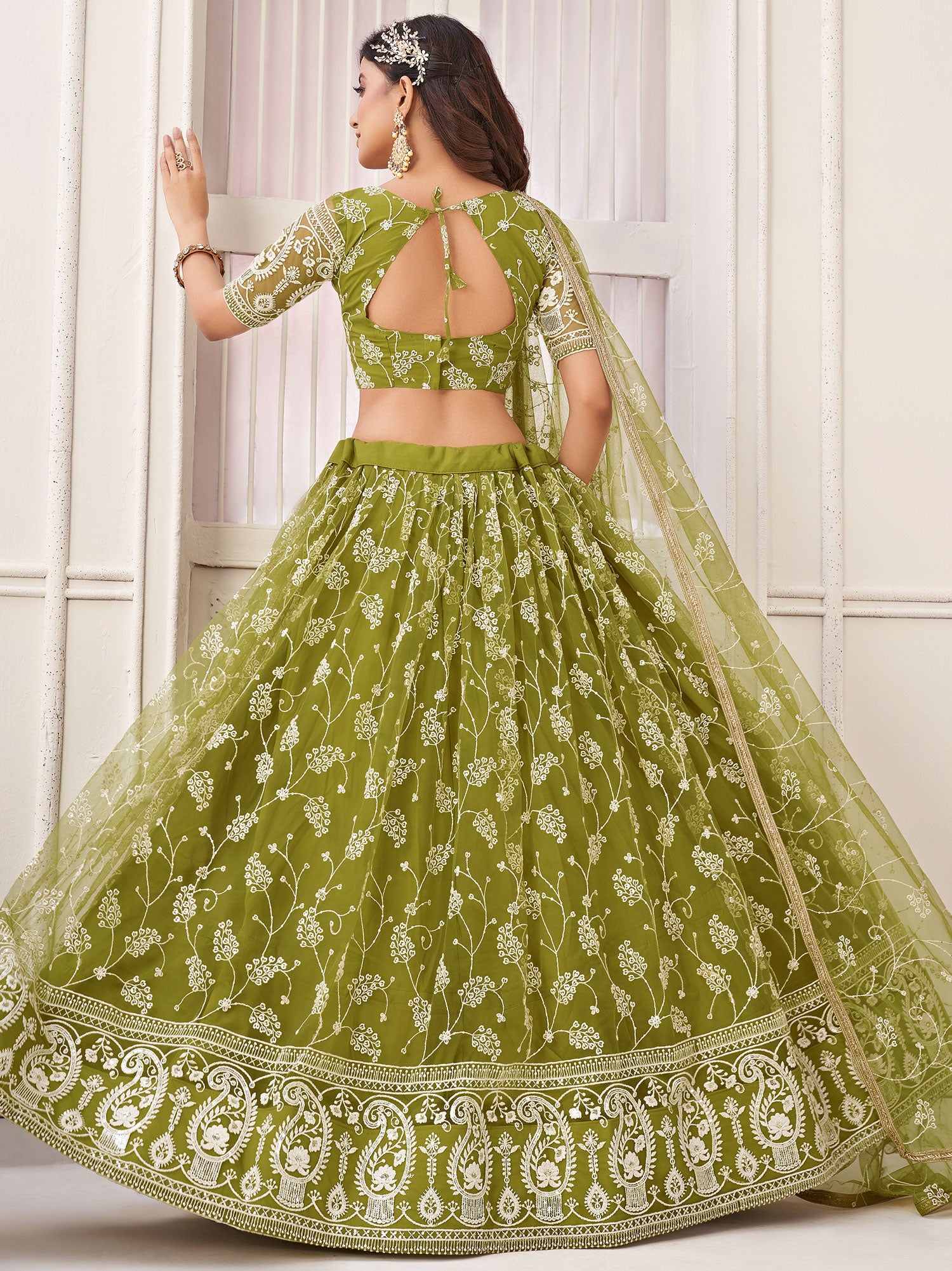 Green Thread Embroidered Net Lehenga With Dupatta