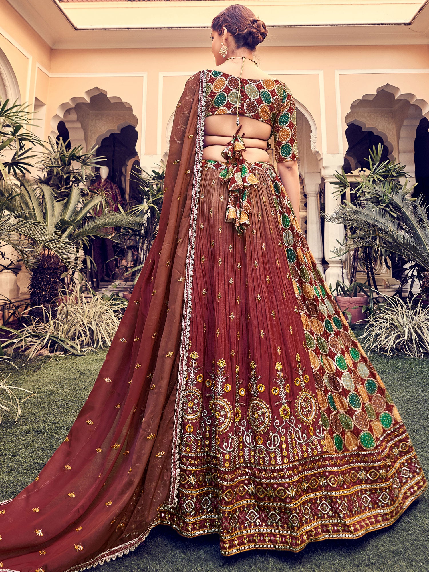 Brown Silk Lengha With Sequins Embroidery