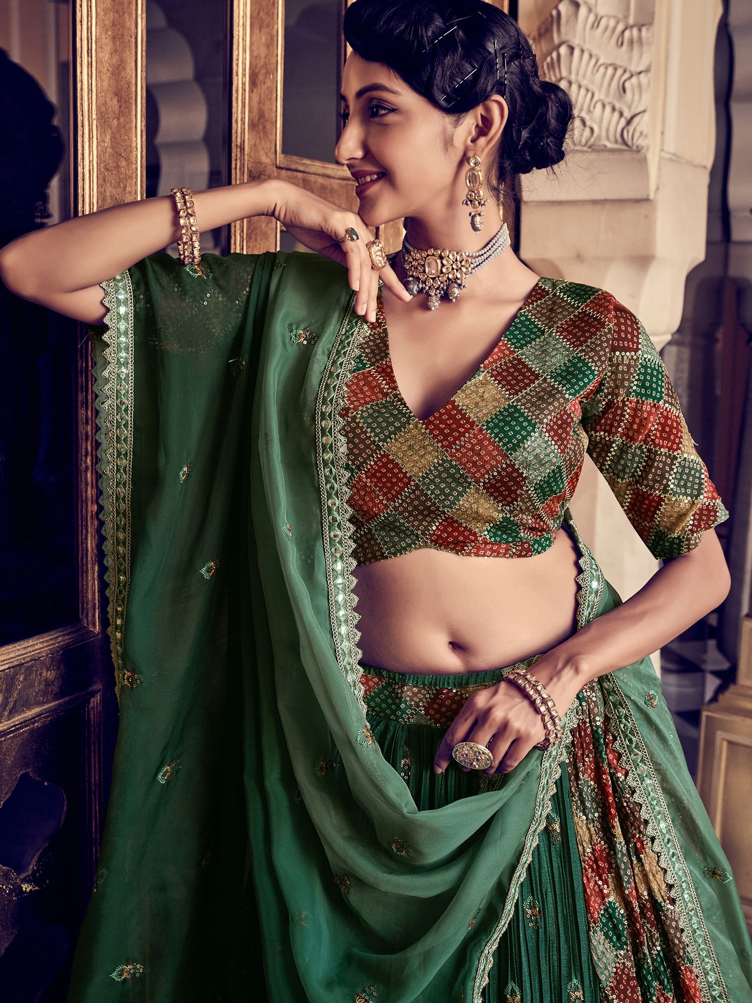 Green Wedding Wear Lehenga Choli With Prints