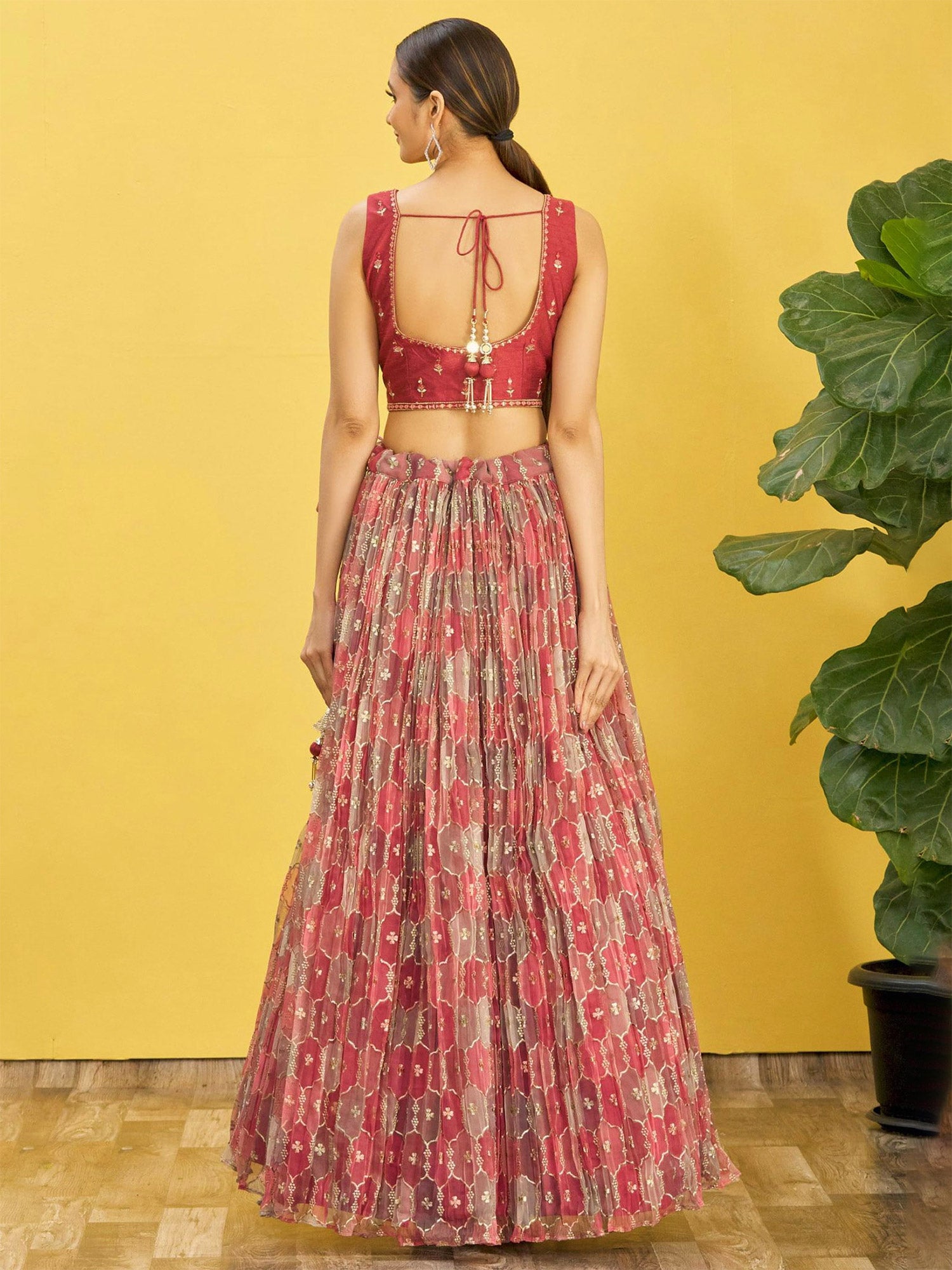 Red Orgnaza Lehenga Choli With Dupatta