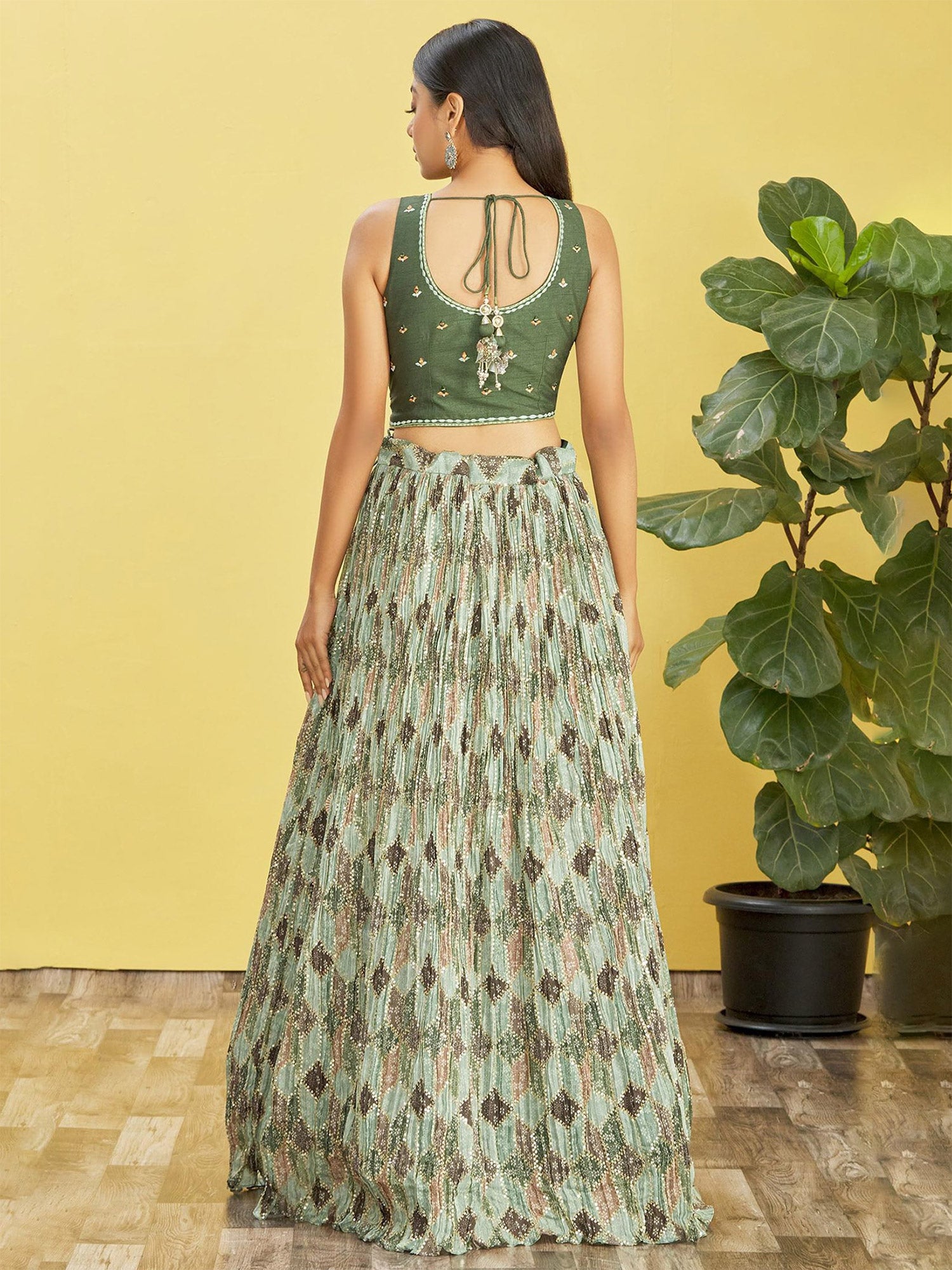 Green Pleated Pattern Lehenga Choli With Dupatta