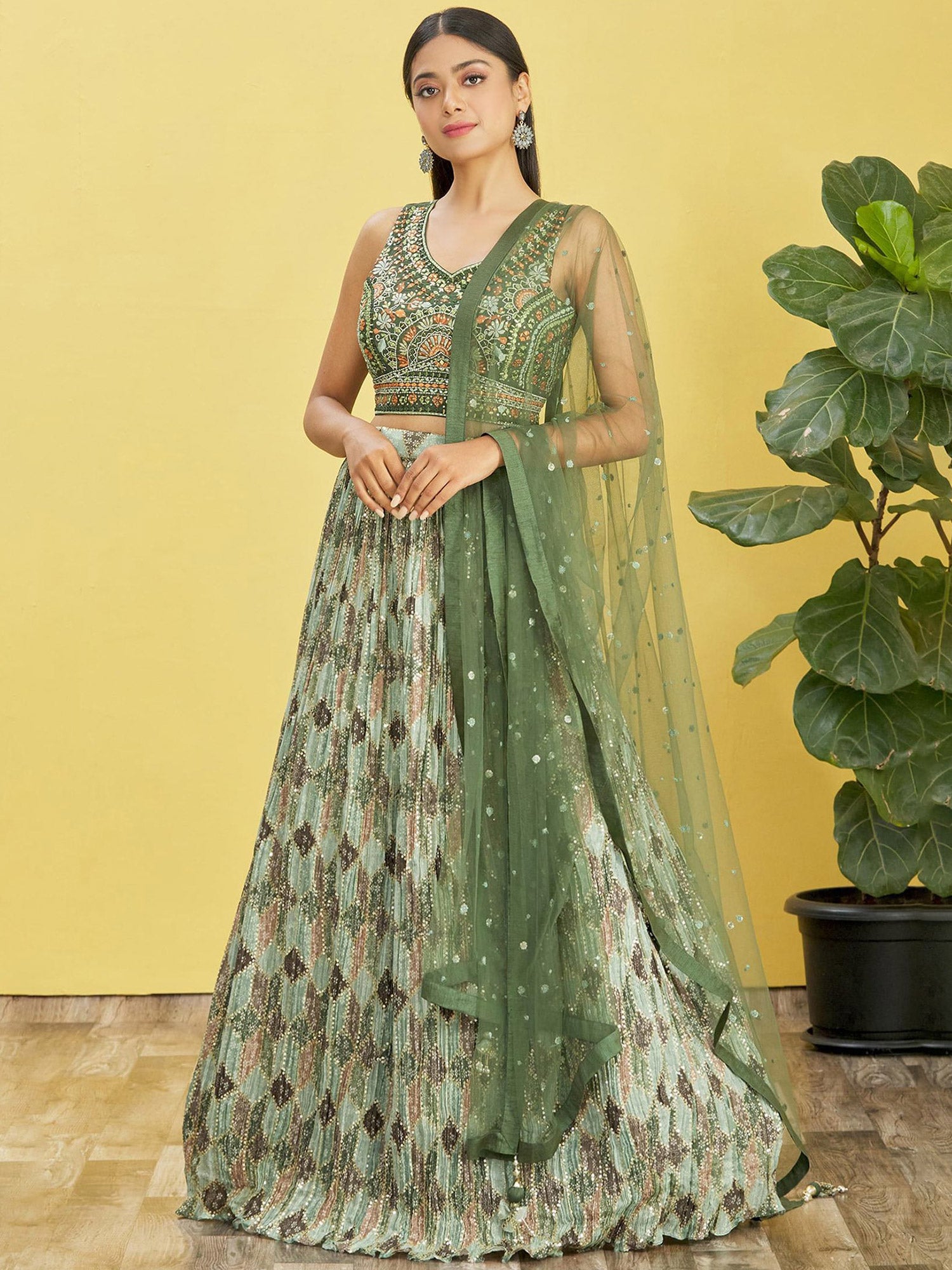 Green Pleated Pattern Lehenga Choli With Dupatta