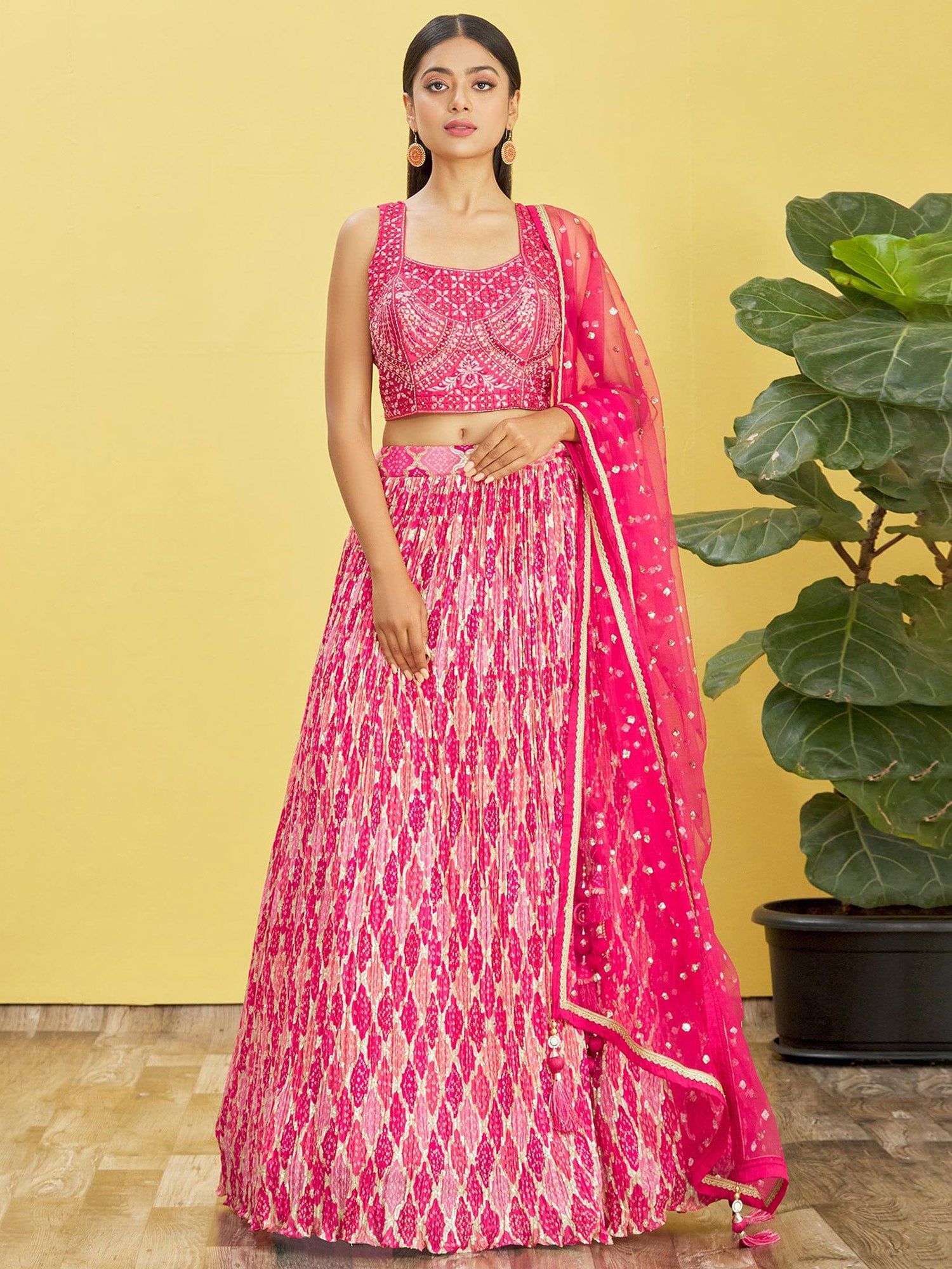 Pink Pleated Styled Lehenga Choli With Blouse