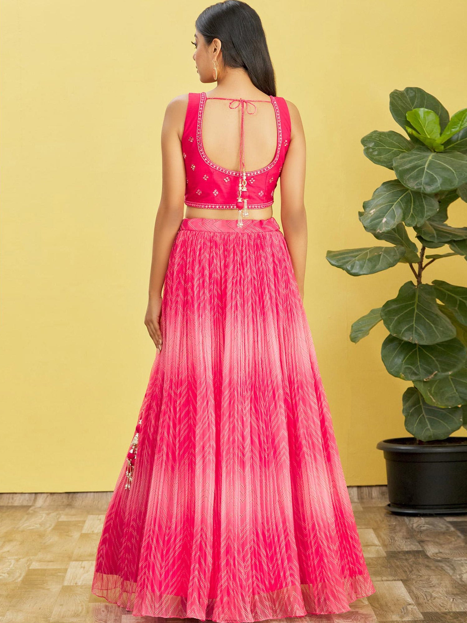 Pink Pleated Patterns Lehenga With Embroidered Blouse