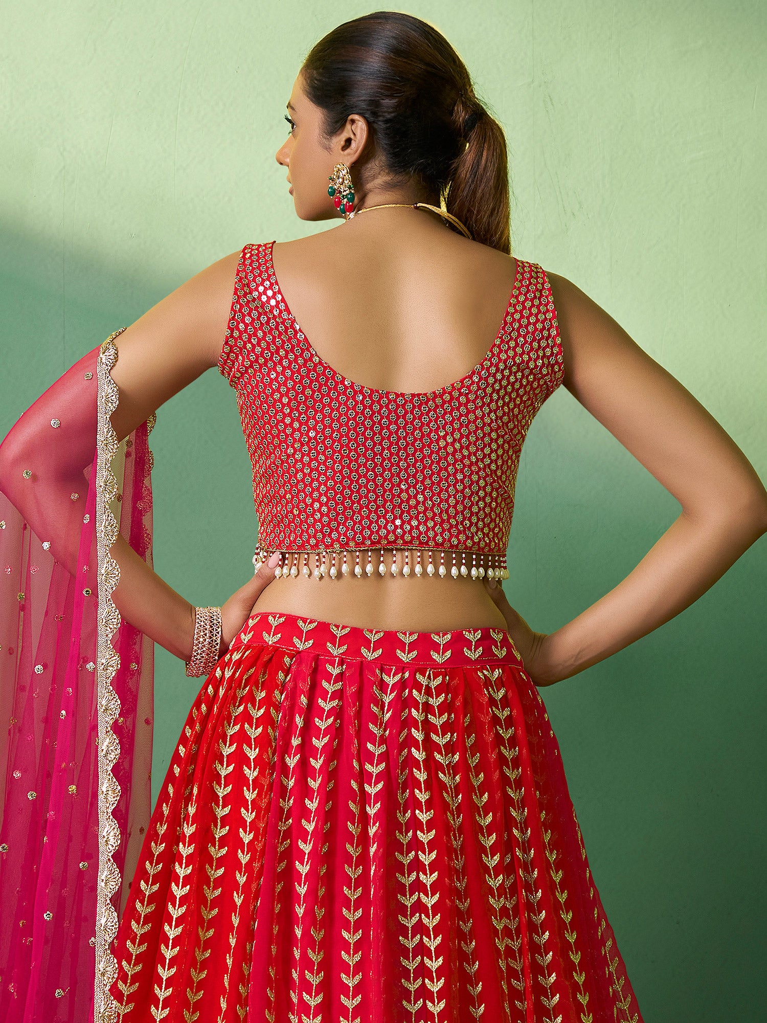 Red Wedding Wear Georgette Lehenga With Zari Embroidery