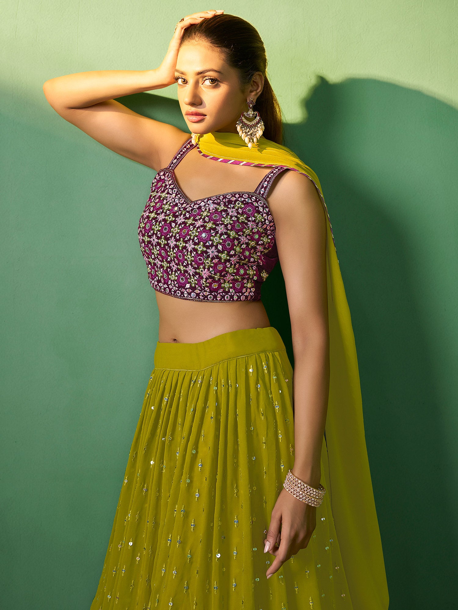 Green Georgette Lehenga Choli With Sequins Embroidery