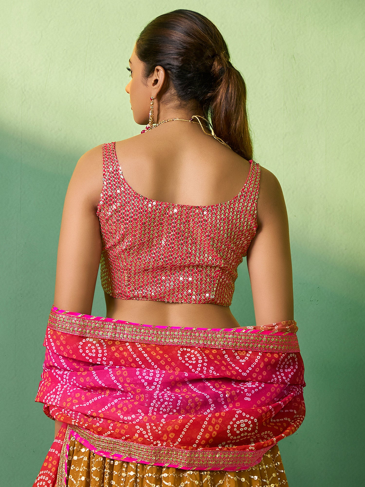 Yellow Sequins Embroidered Georgette Lengha With Dupatta