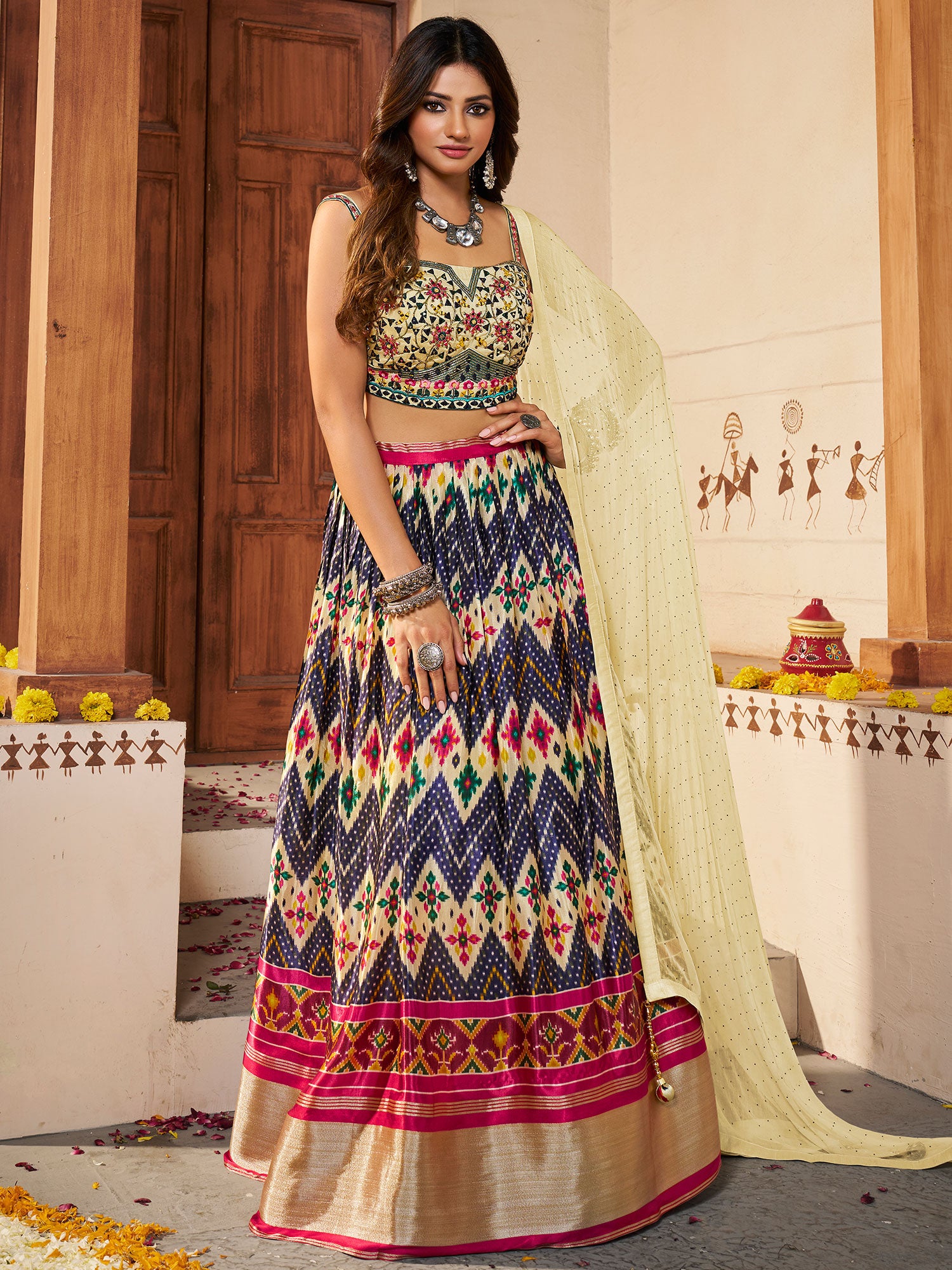 Multicolor Printed Silk Lehenga With Dupatta