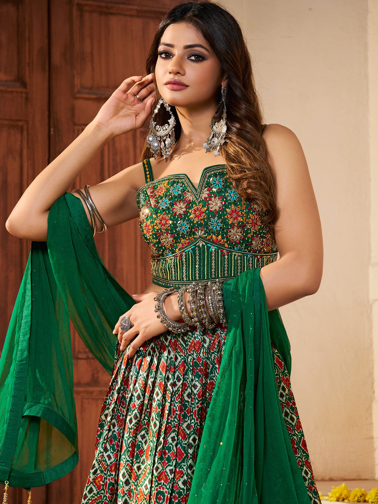 Green Silk Lengha Choli With Printed Work