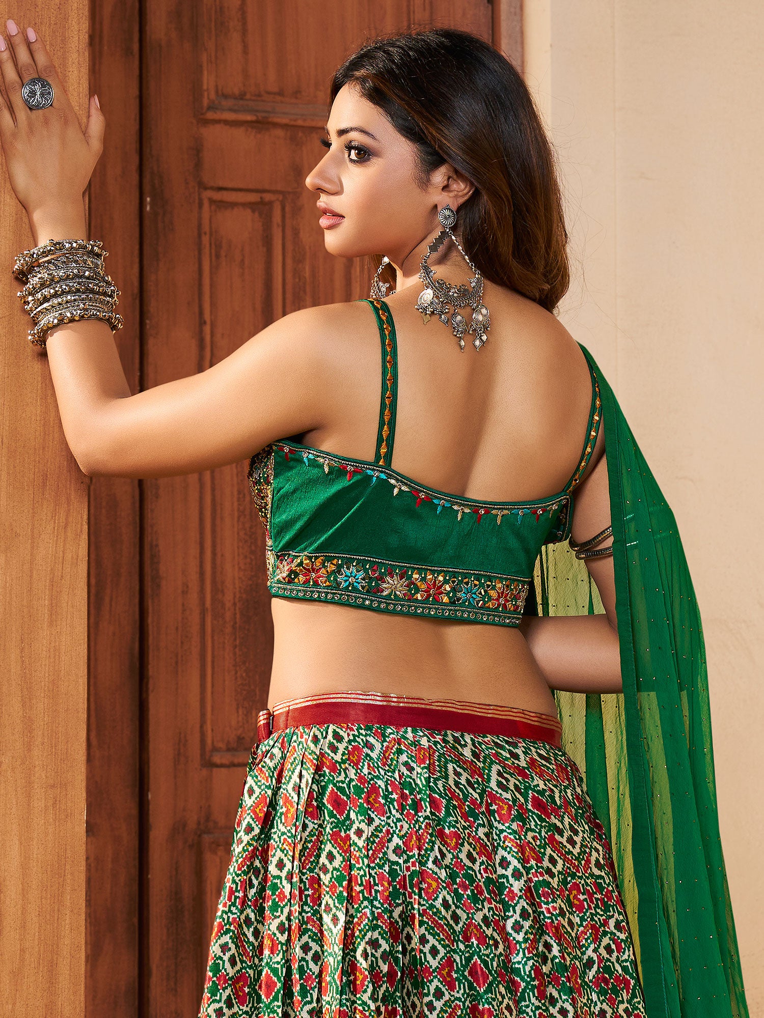 Green Silk Lengha Choli With Printed Work