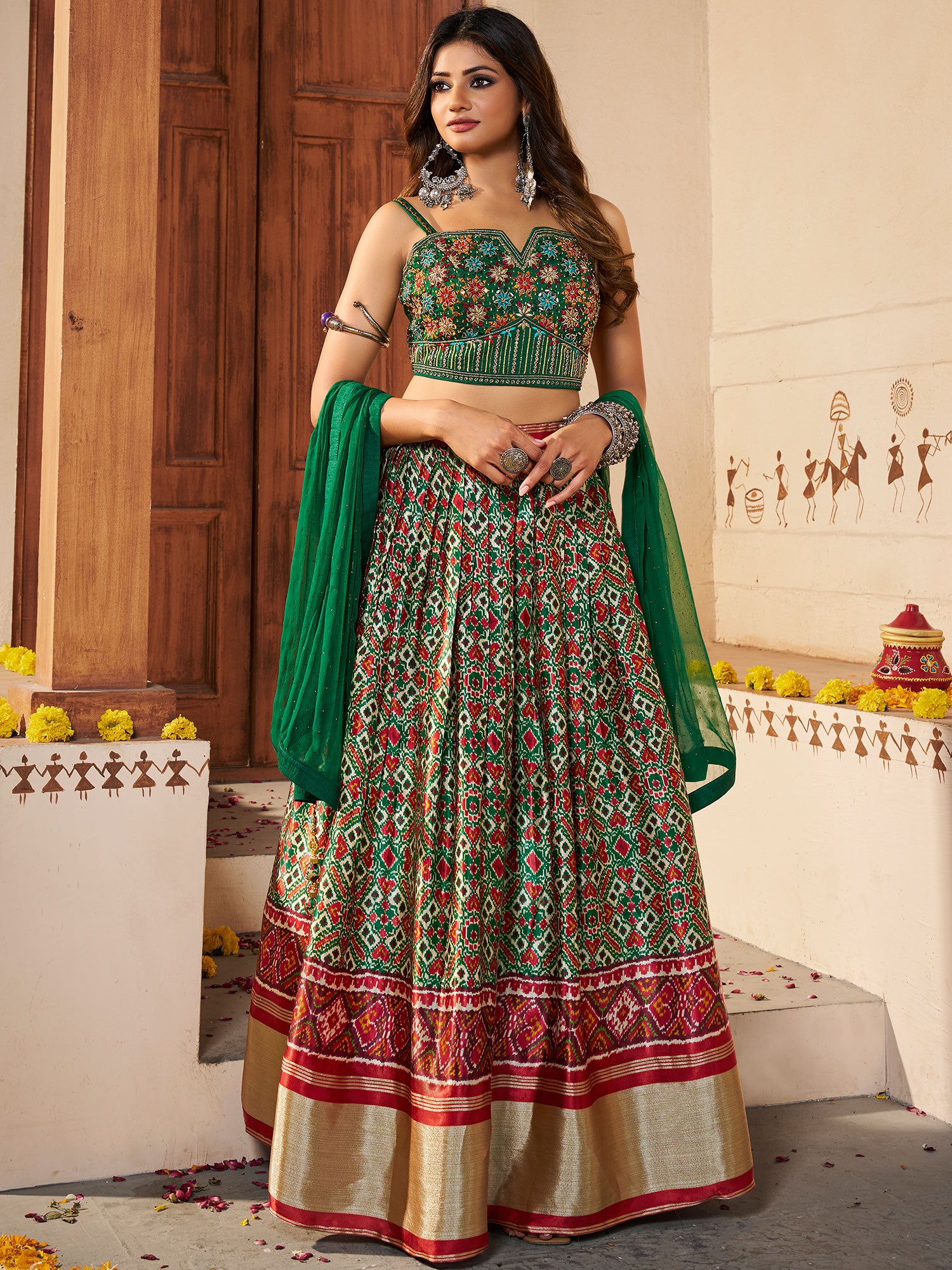 Green Silk Lengha Choli With Printed Work