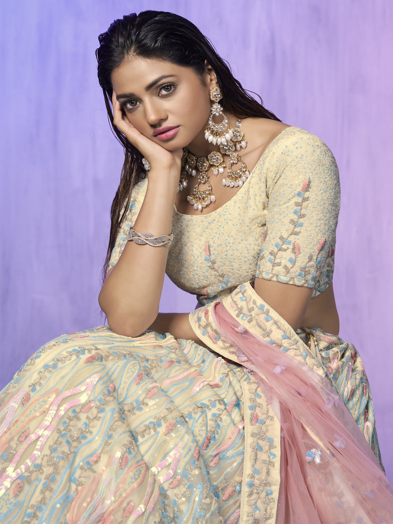 Cream Georgette Lehenga Choli With Sequins Embroidery