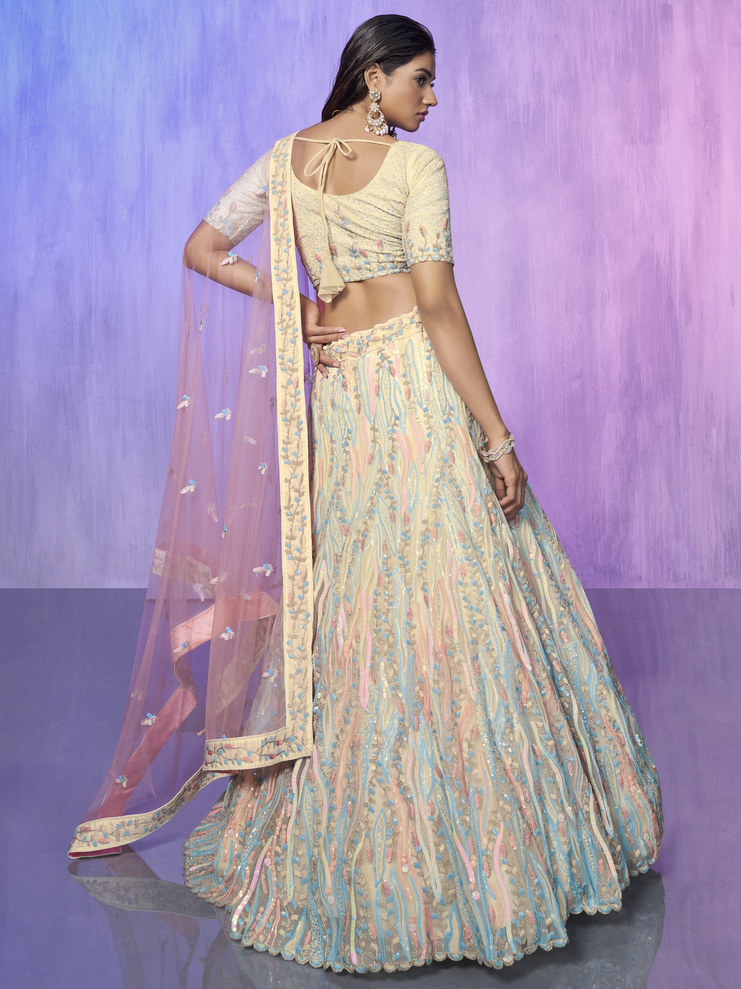 Cream Georgette Lehenga Choli With Sequins Embroidery