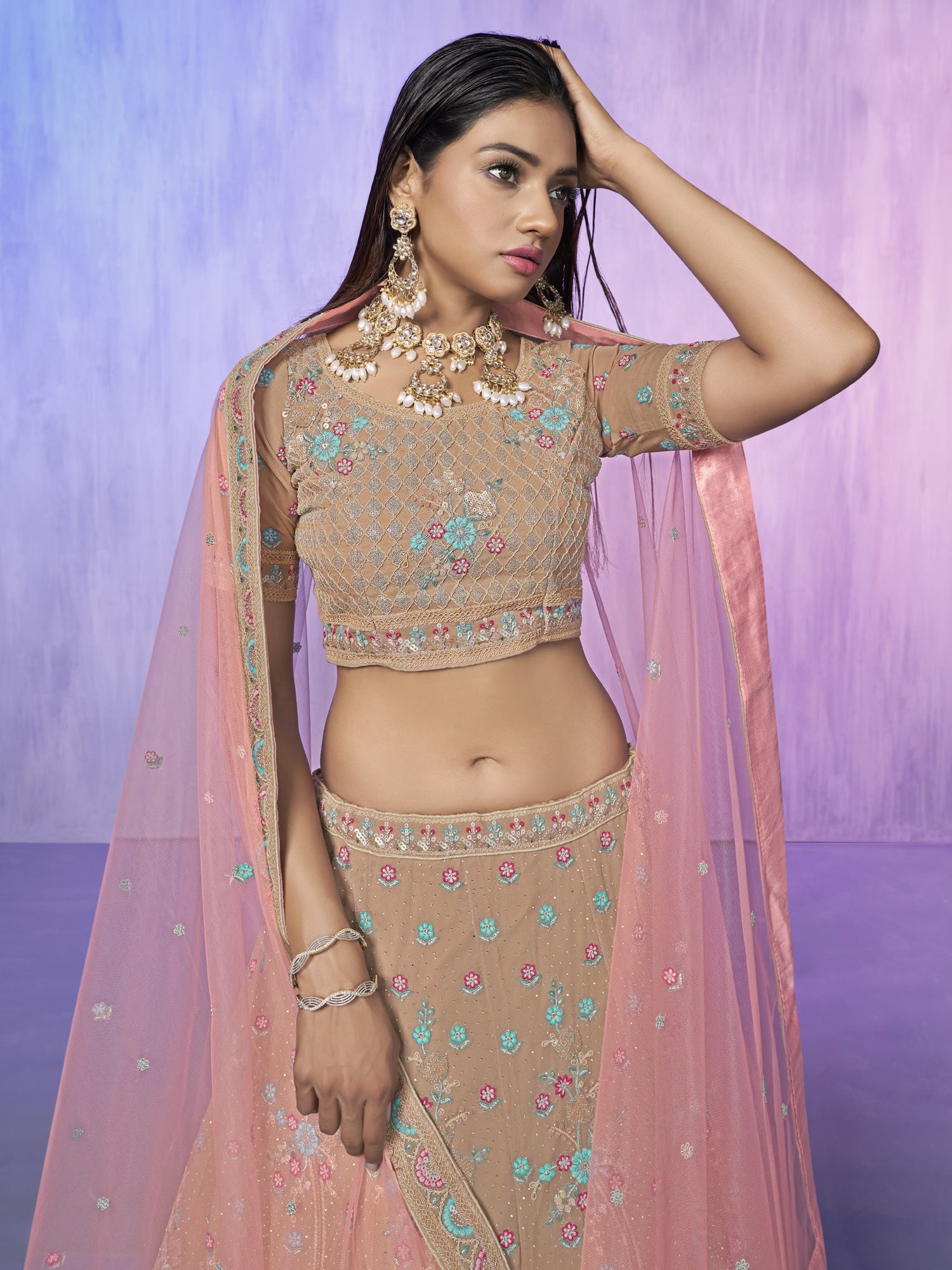 Beige Floral Designed Lehenga Choli In Georgette
