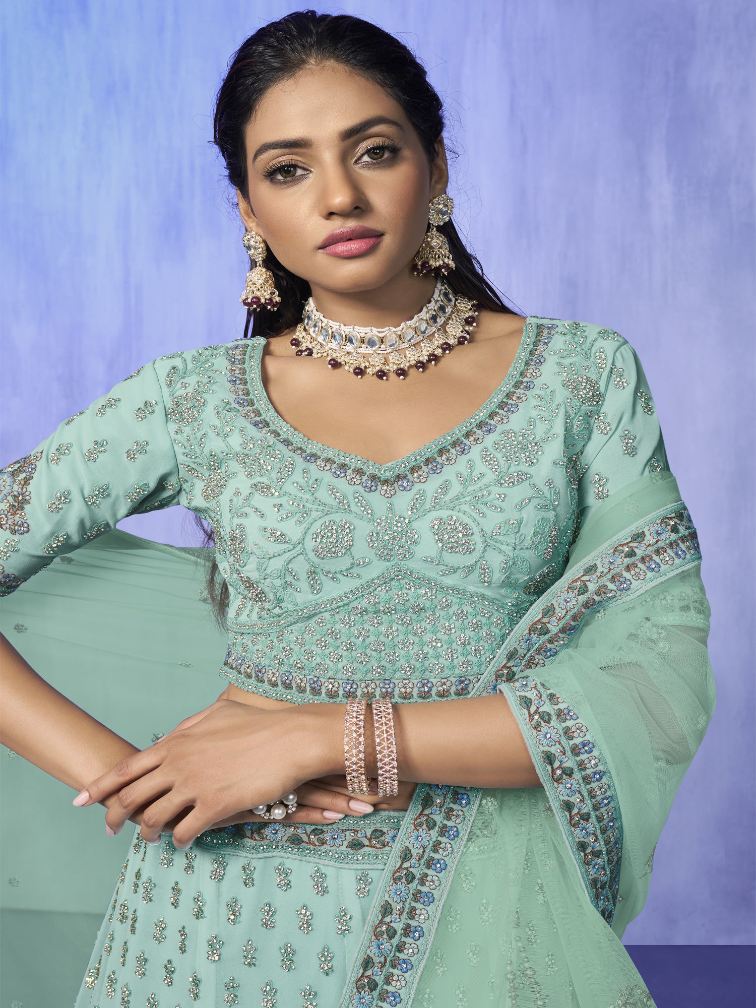 Light Blue Heavy Stone Embroidered Lehenga Choli
