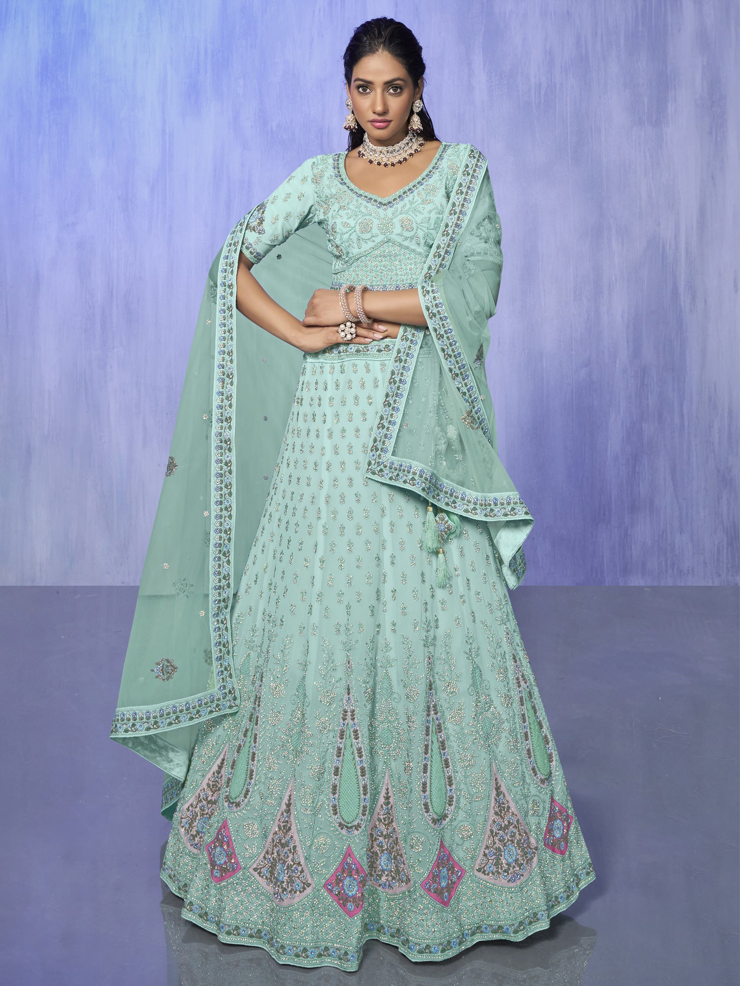 Light Blue Heavy Stone Embroidered Lehenga Choli