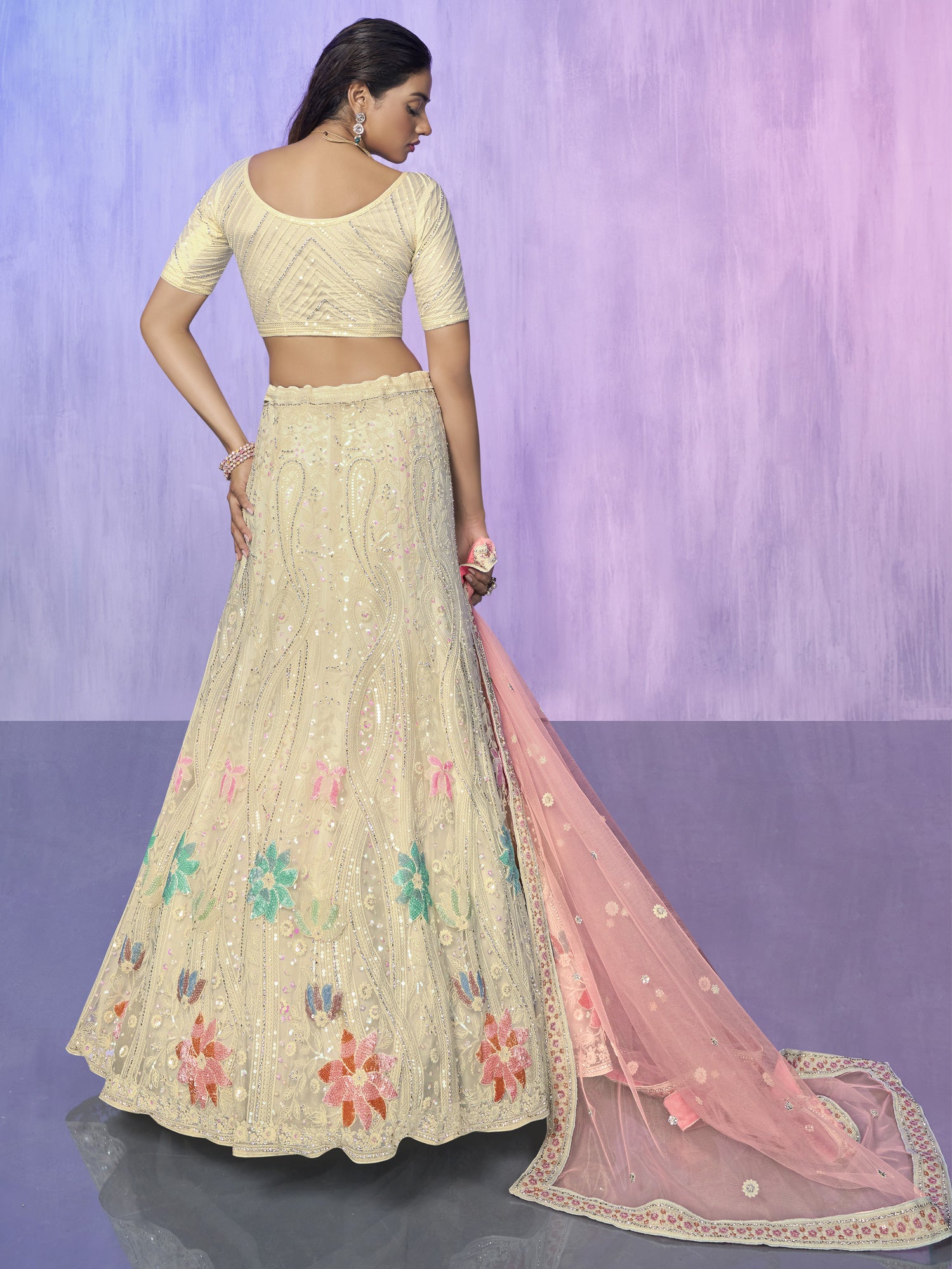 Cream Bridesmaid Wear Net Lehenga Choli