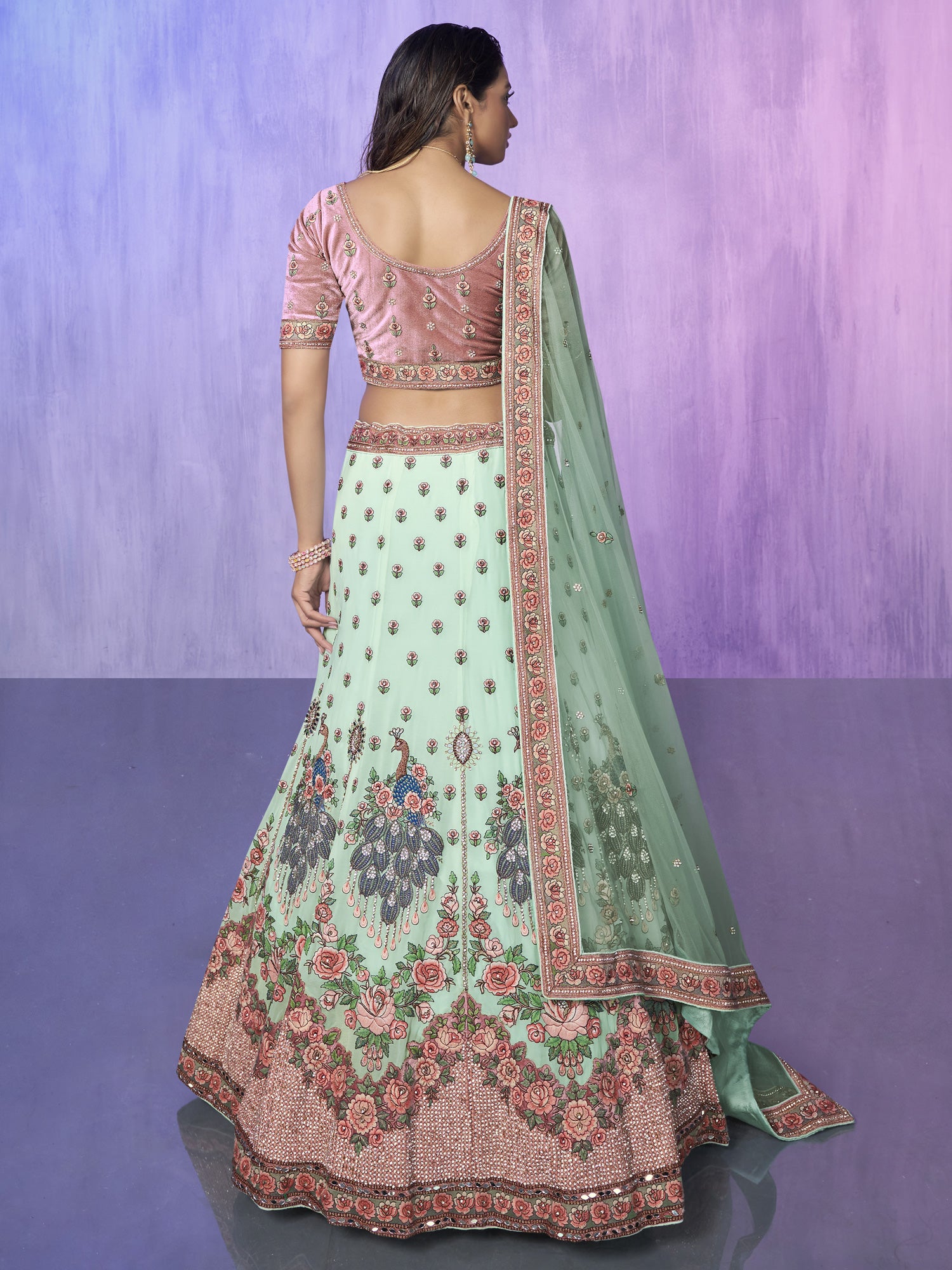 Turquoise Floral Work Lehenga With Velvet Choli