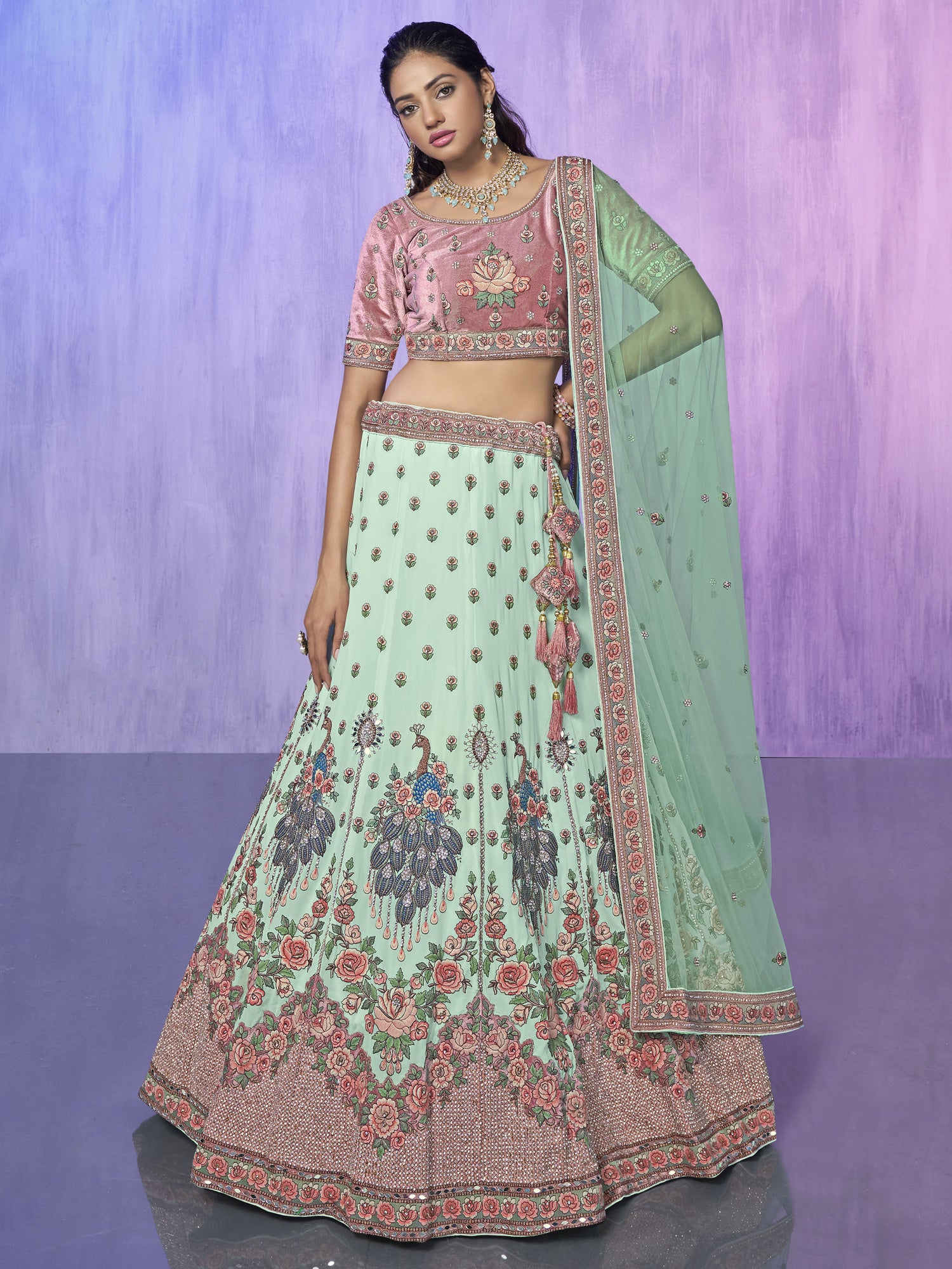 Turquoise Floral Work Lehenga With Velvet Choli