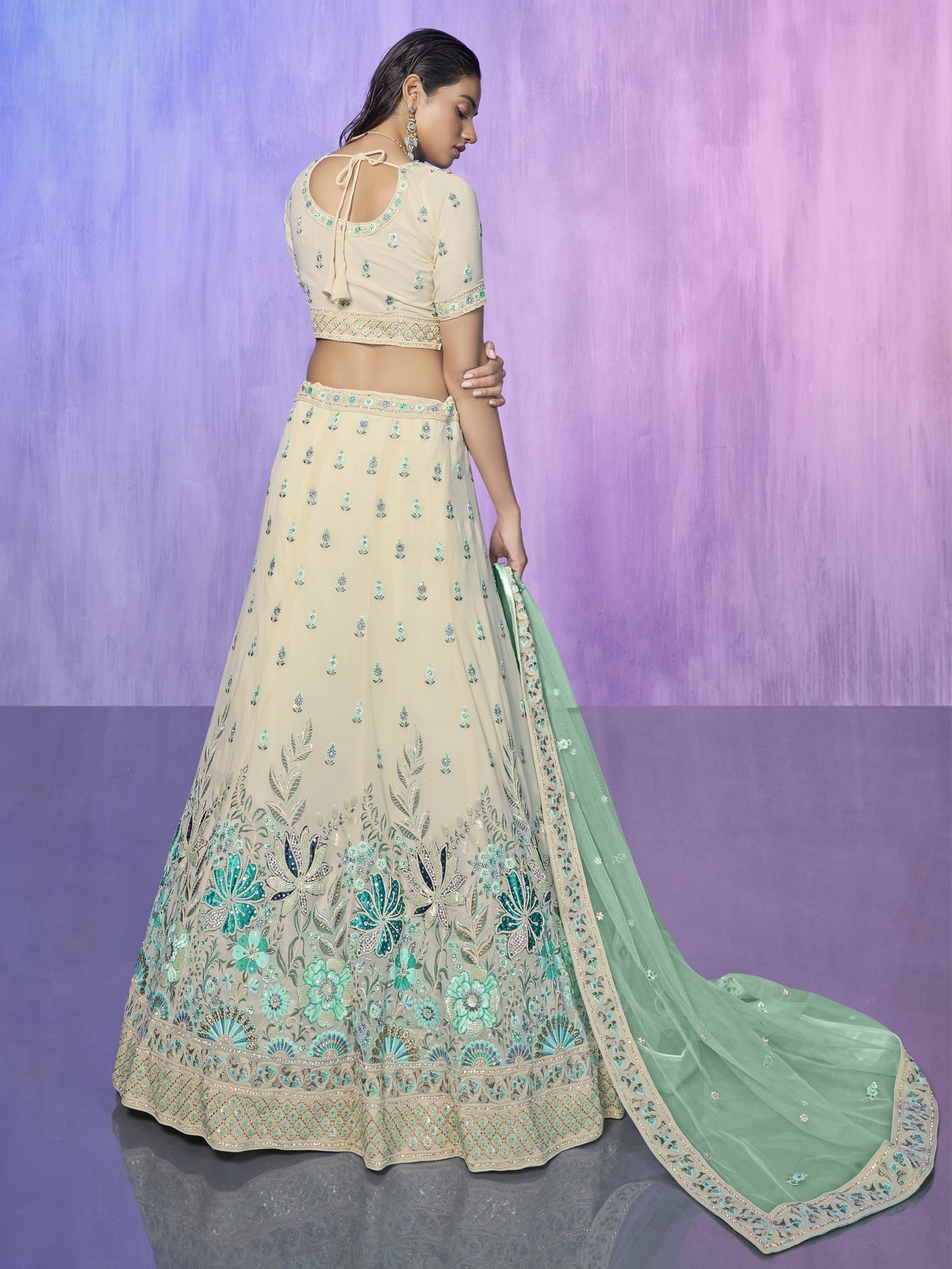Off White Georgette Lehenga Choli In Thread Work