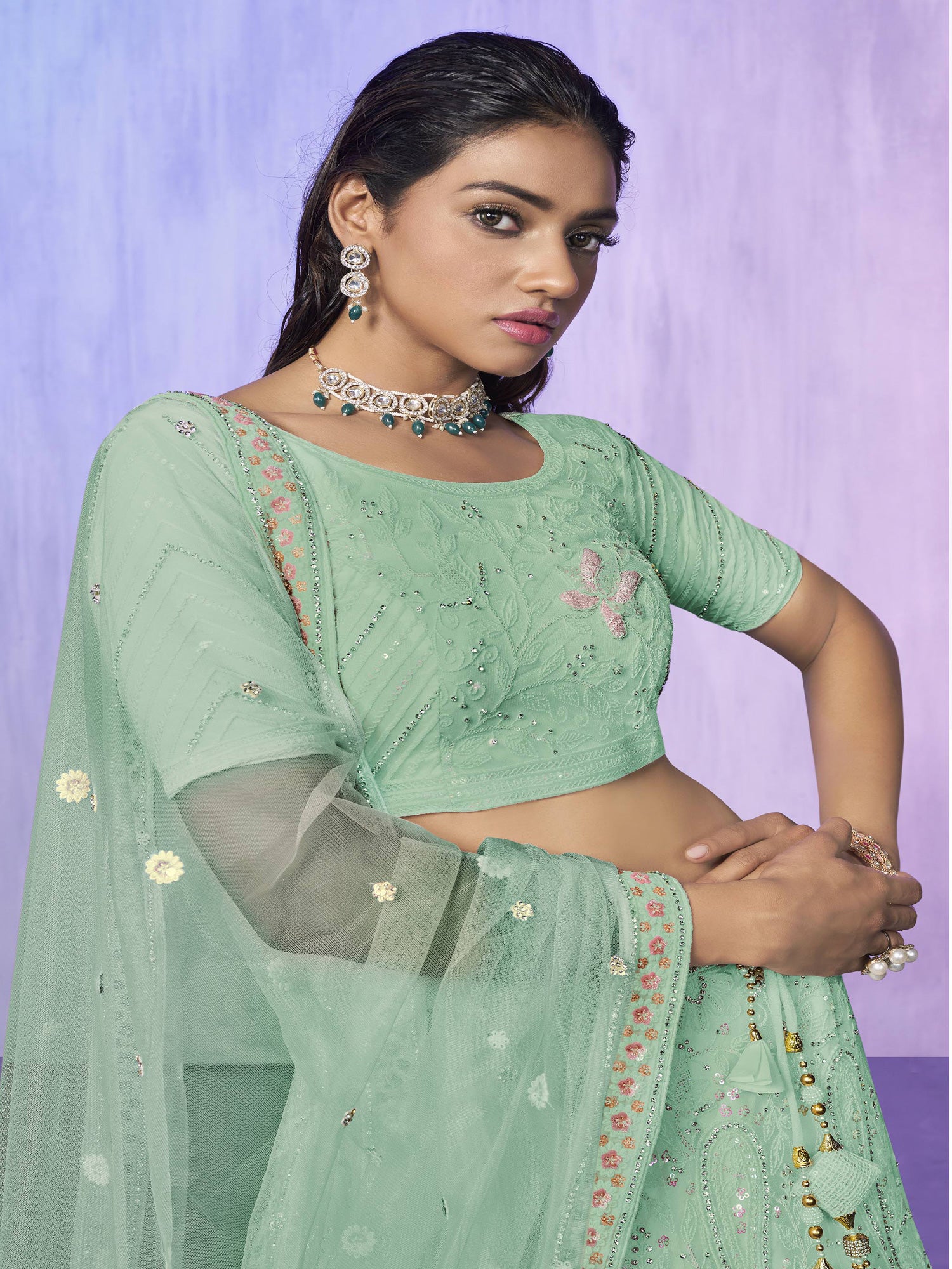 Mint Green Bridesmaid Net Lehenga Choli In Stone Work