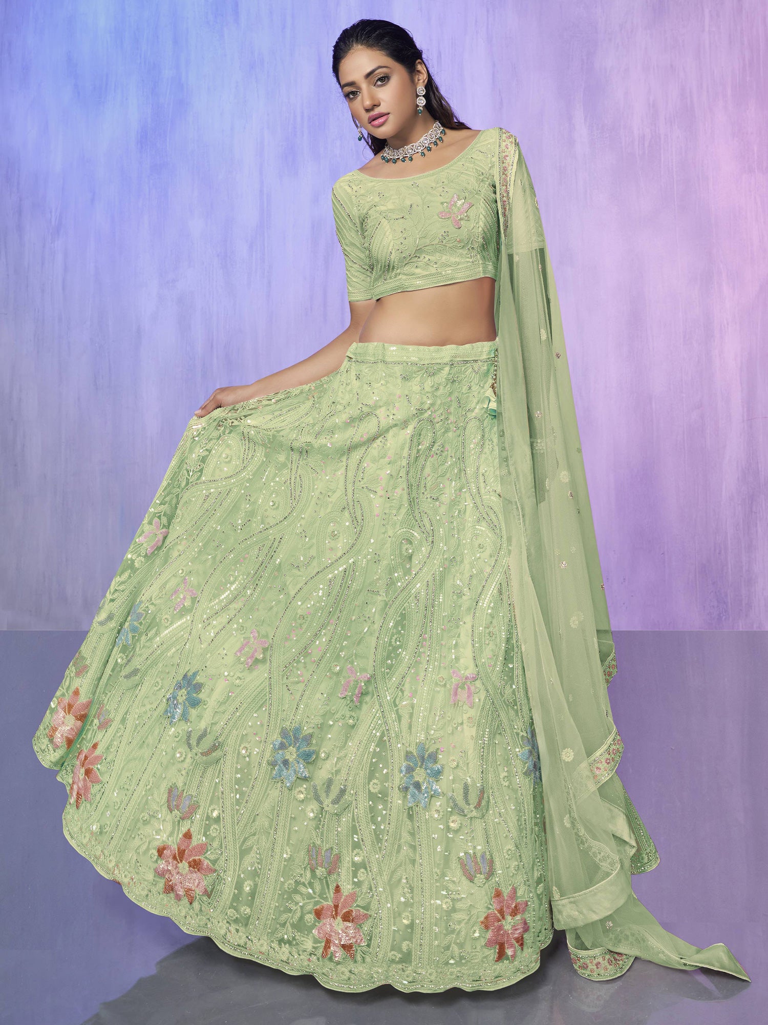 Olive Green Stone Embroidered Net Lehenga Choli