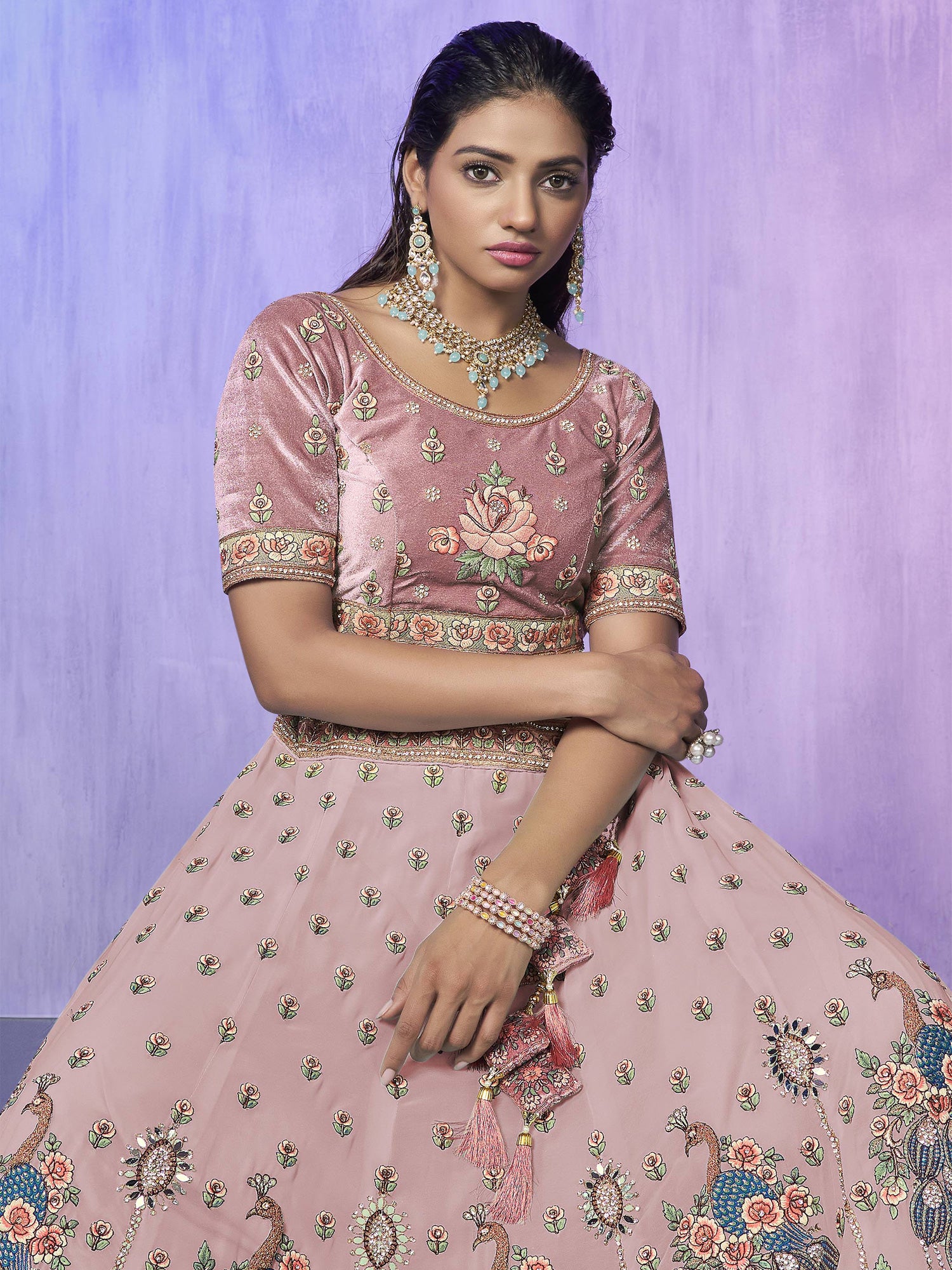 Dusty Pink Georgette Lehenga Choli In Thread Work