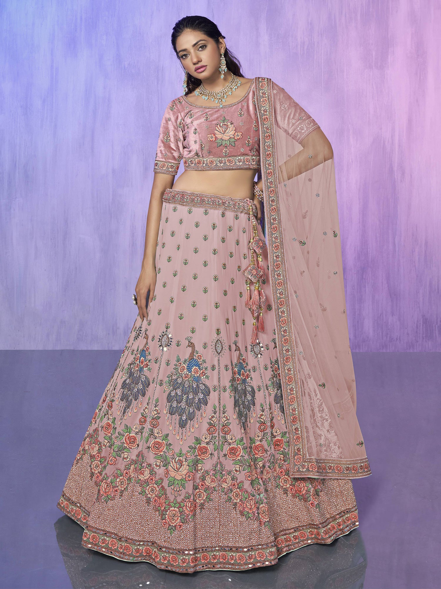 Dusty Pink Georgette Lehenga Choli In Thread Work