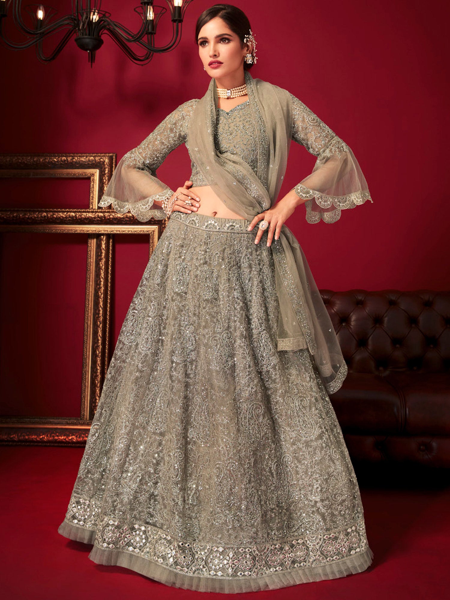 Beige Floral Stone Embroidered Lehenga Choli In Net