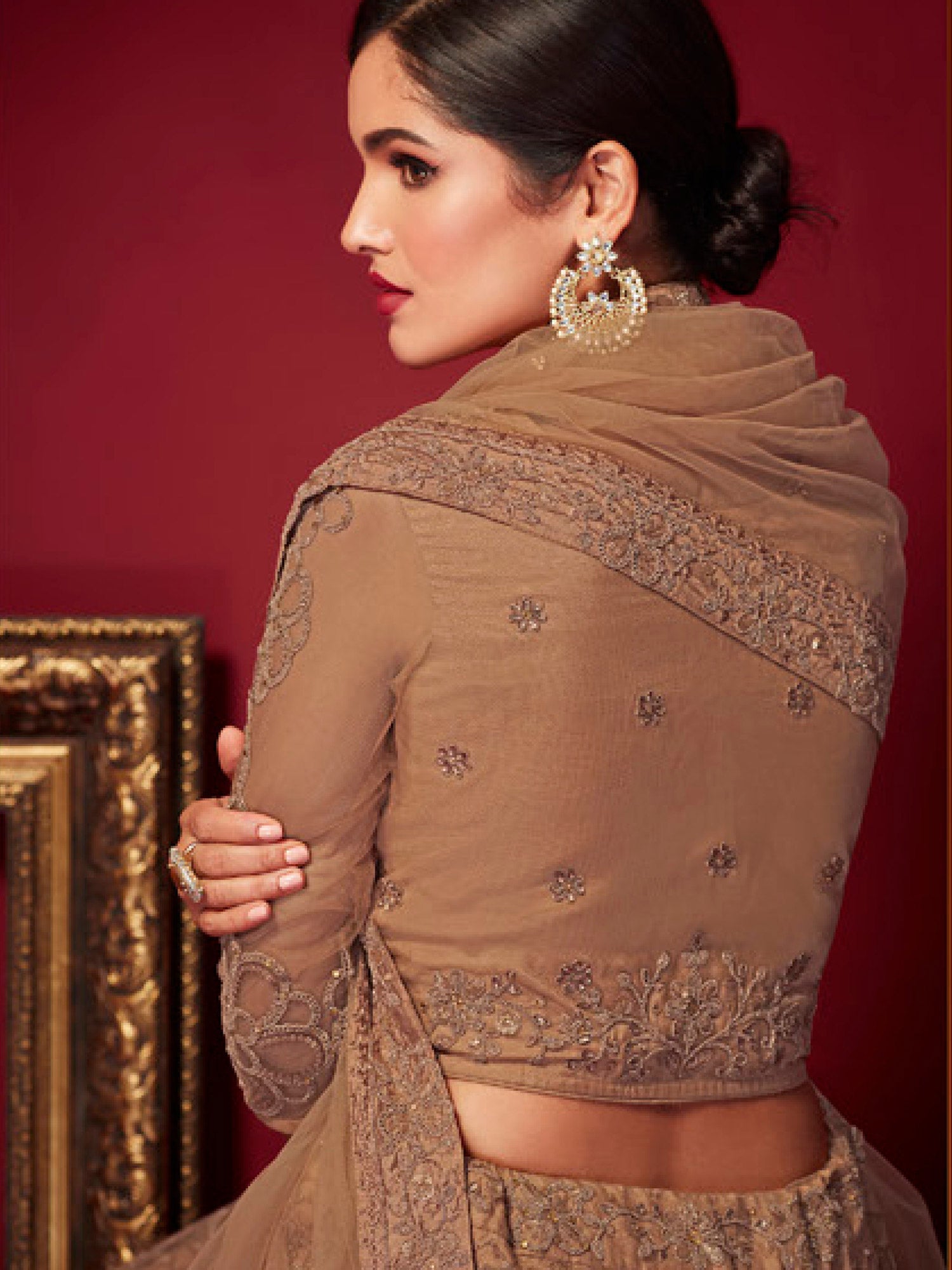 Brown Stone Designed Net Lehenga With Blouse