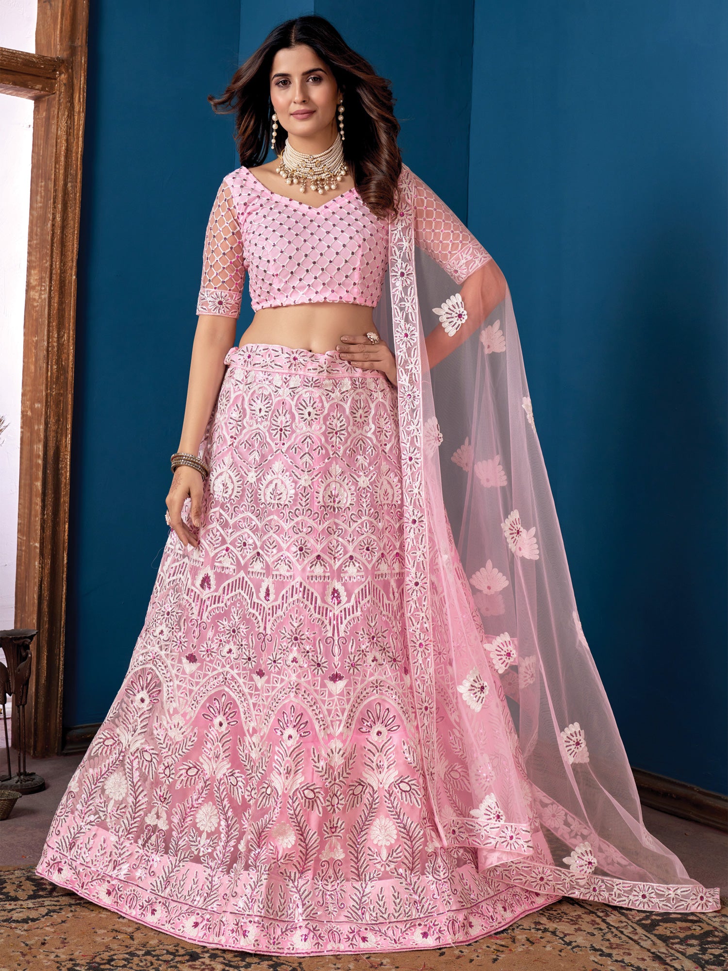 Pink Net Lehenga Choli With Dense Embroidery
