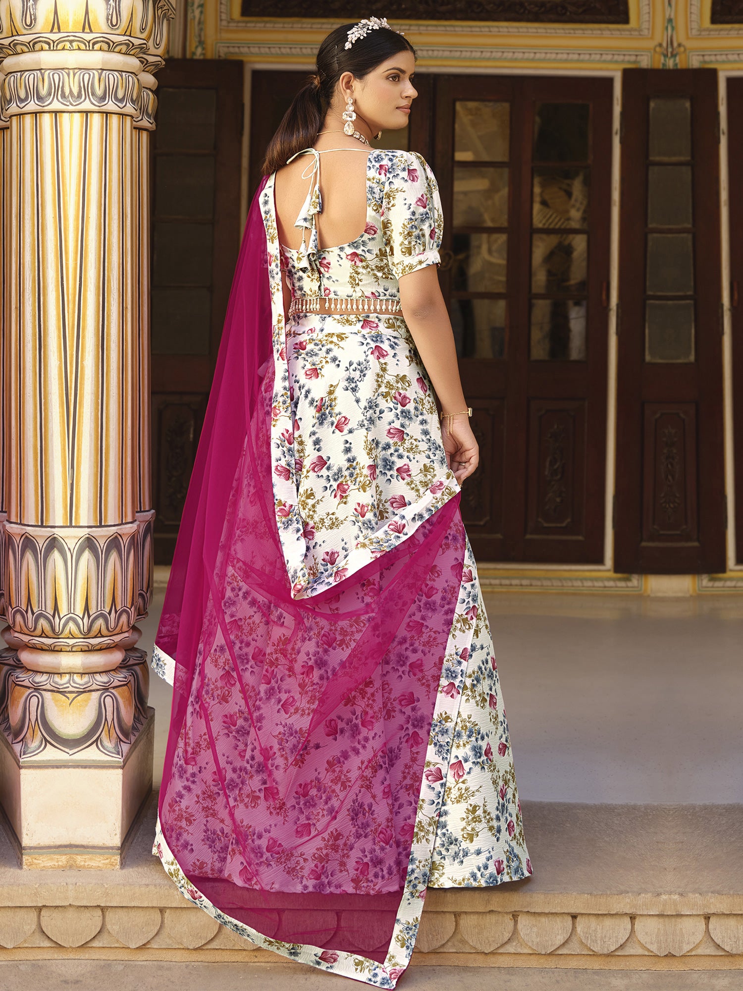 White Party Wear Silk Lehenga Choli In Floral Print
