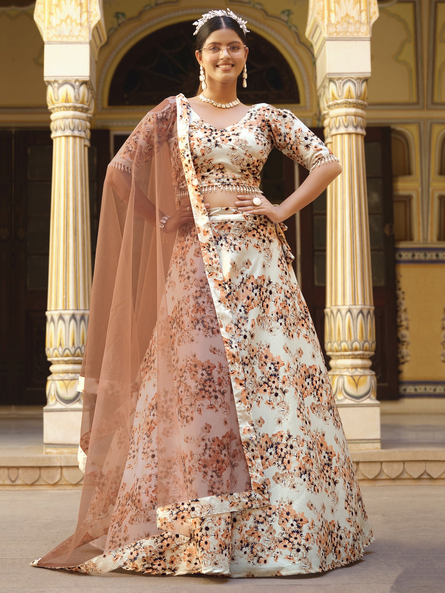 Cream Printed Silk Lehenga Choli With Net Dupatta