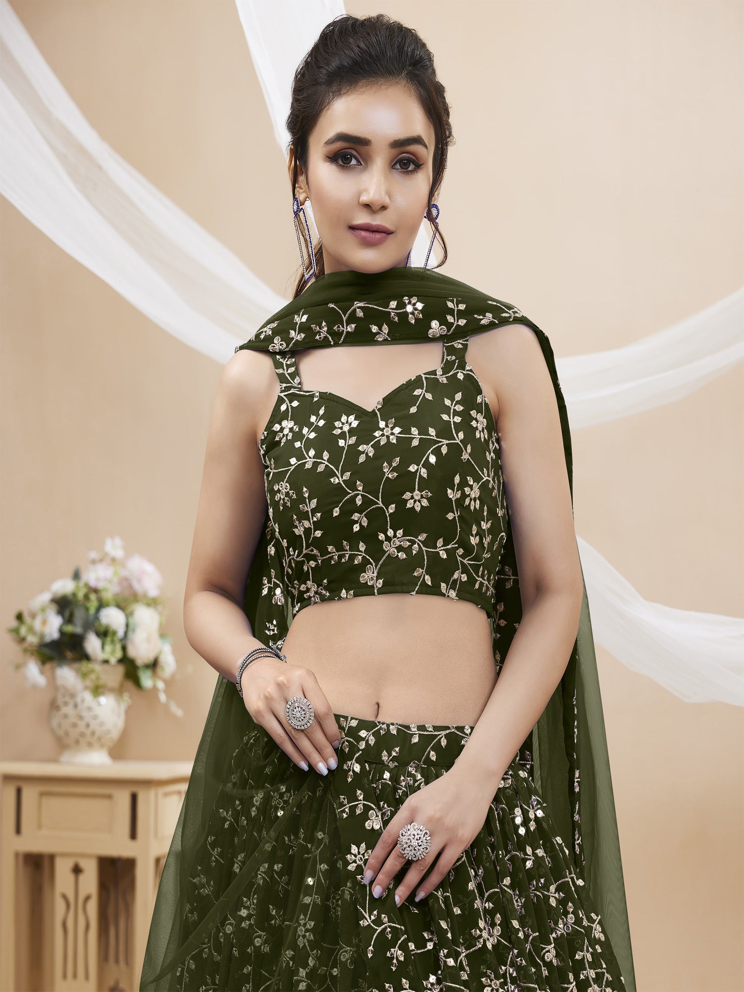 Dark Green Floral Augmented Georgette Lehenga Choli