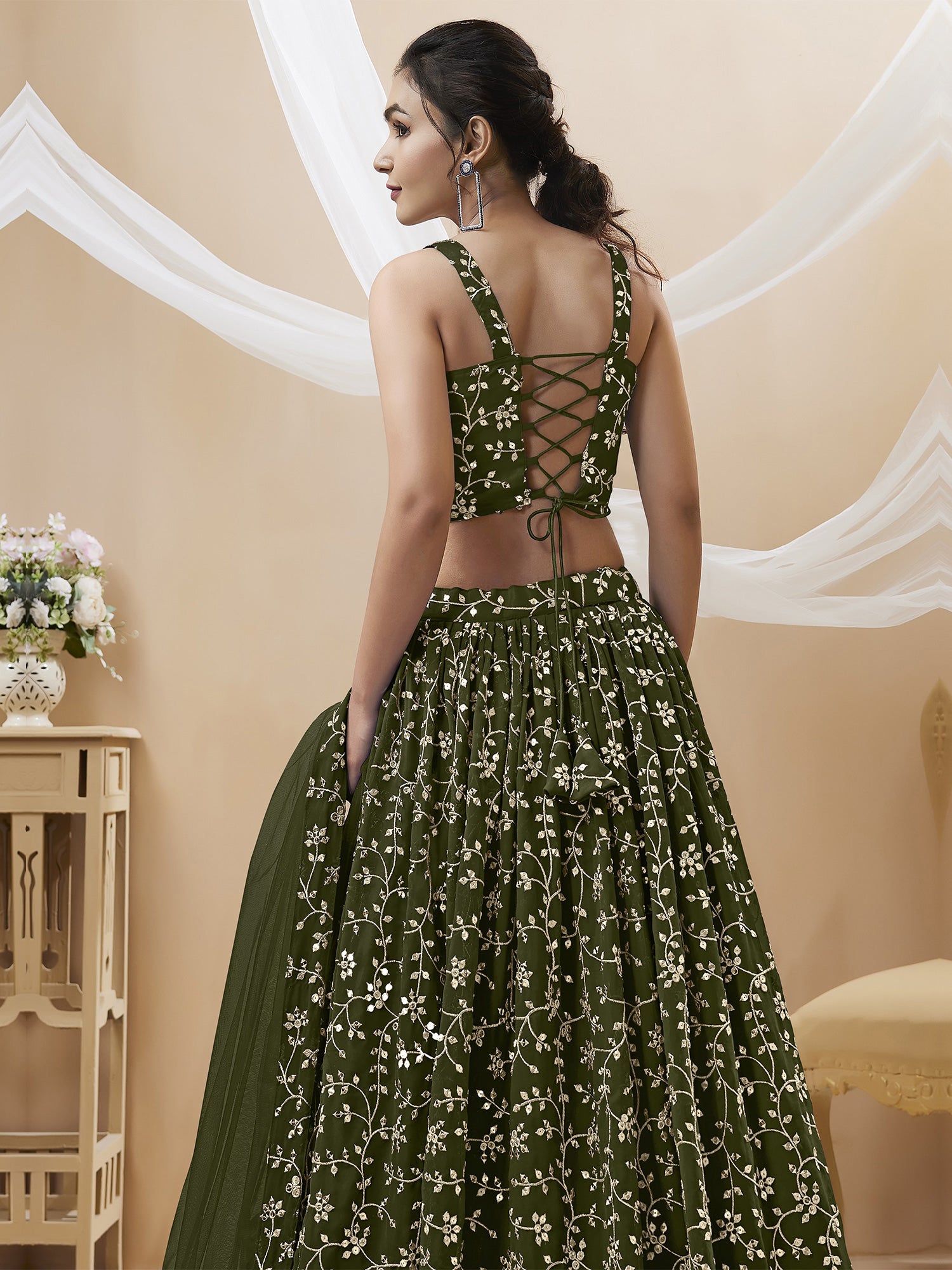 Dark Green Floral Augmented Georgette Lehenga Choli