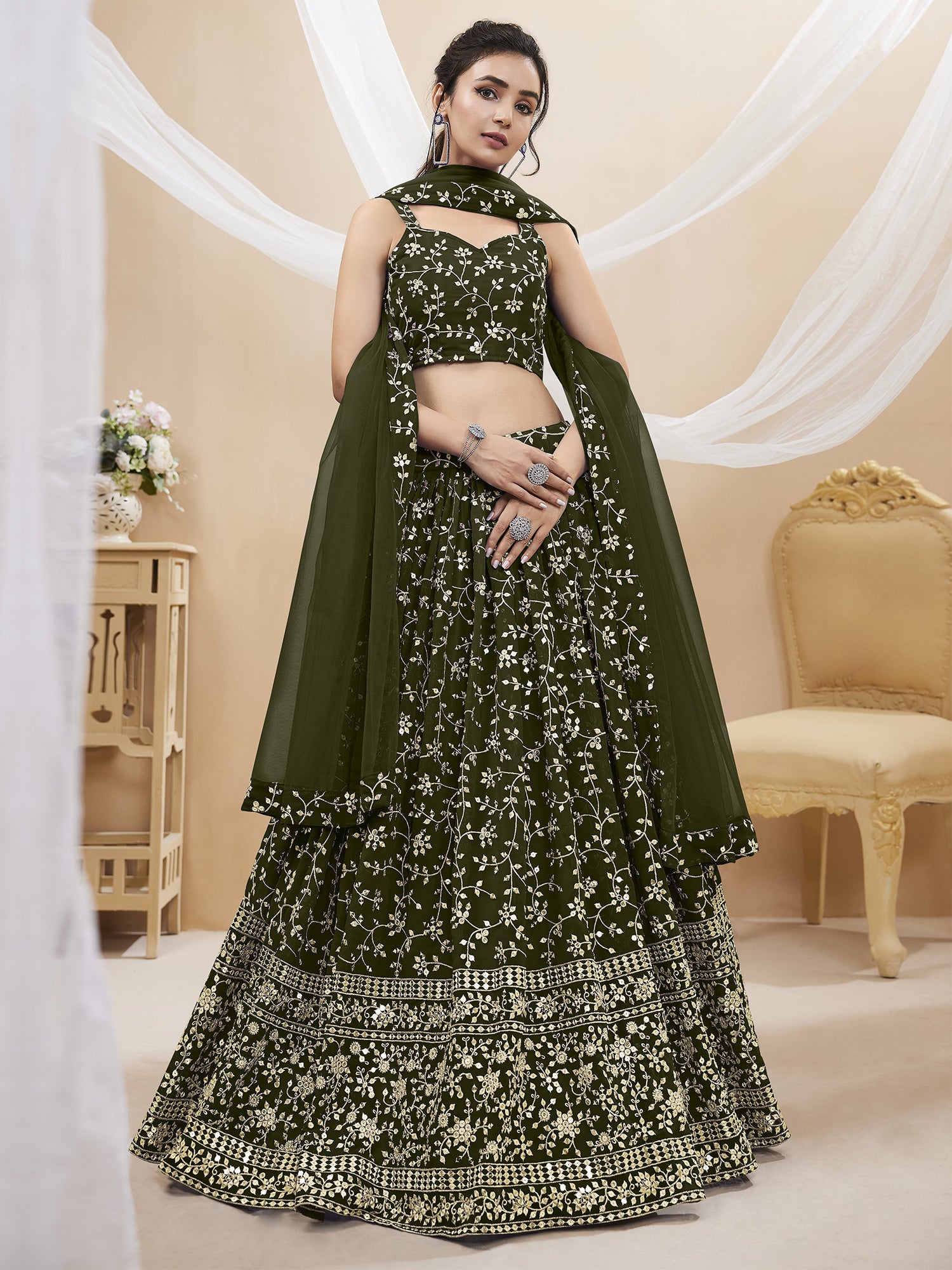 Dark Green Floral Augmented Georgette Lehenga Choli