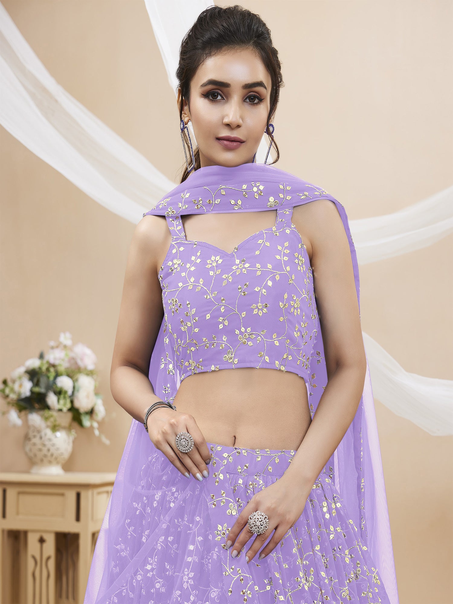 Lilac Floral Motif Work Lehenga Choli In Georgette