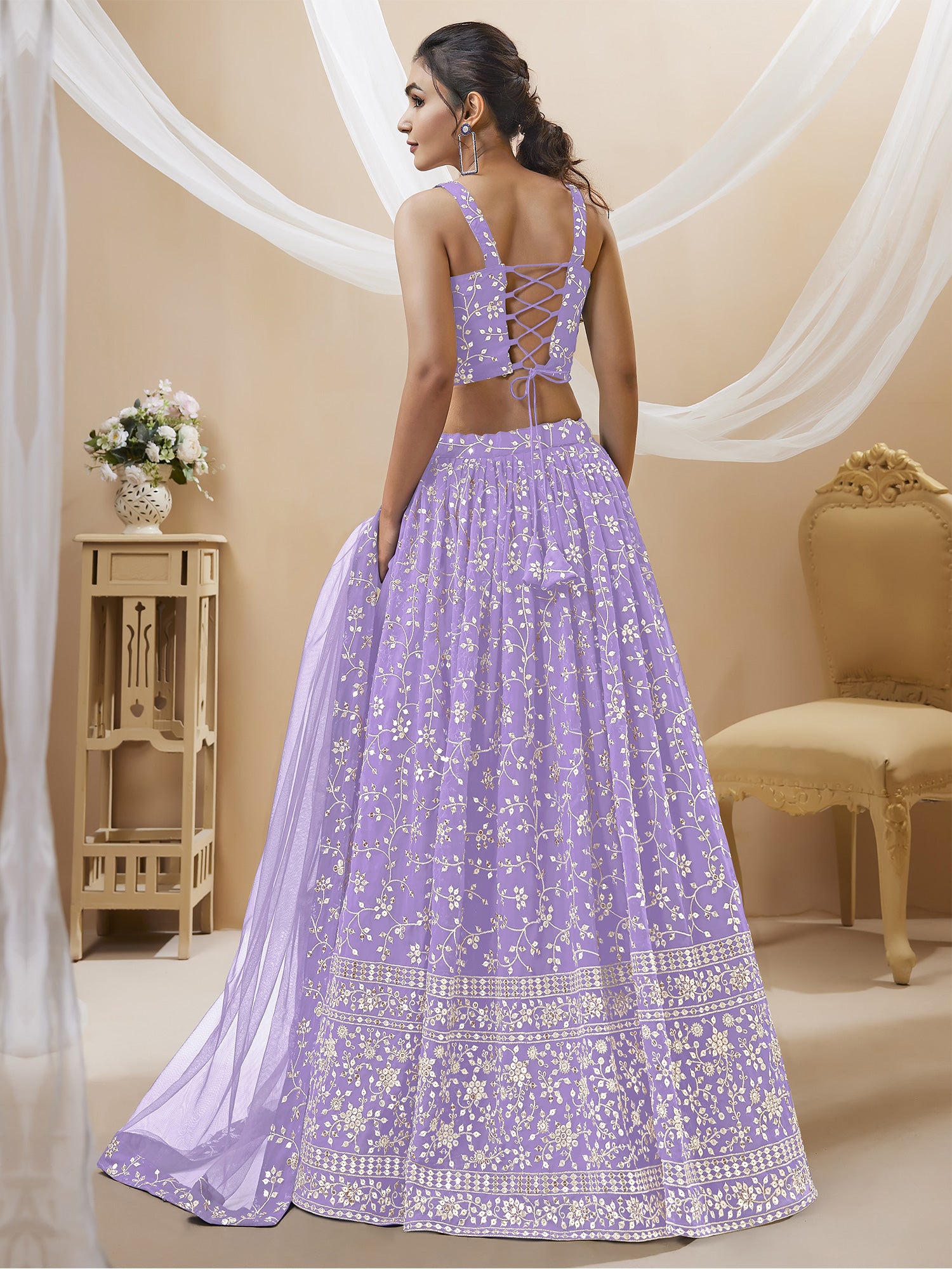 Lilac Floral Motif Work Lehenga Choli In Georgette