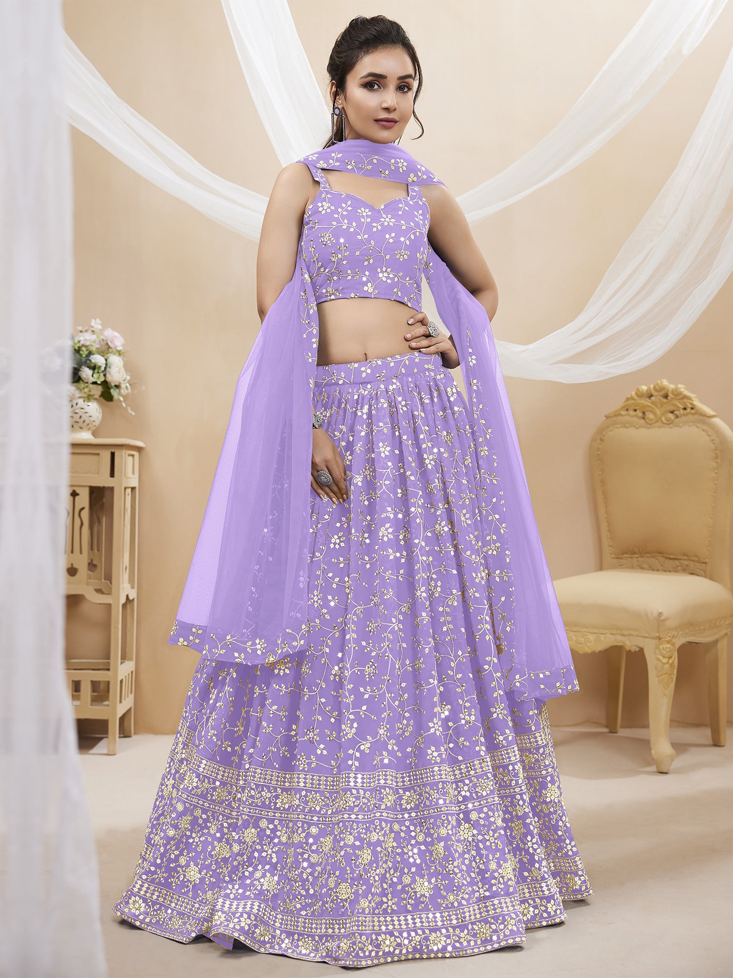 Lilac Floral Motif Work Lehenga Choli In Georgette
