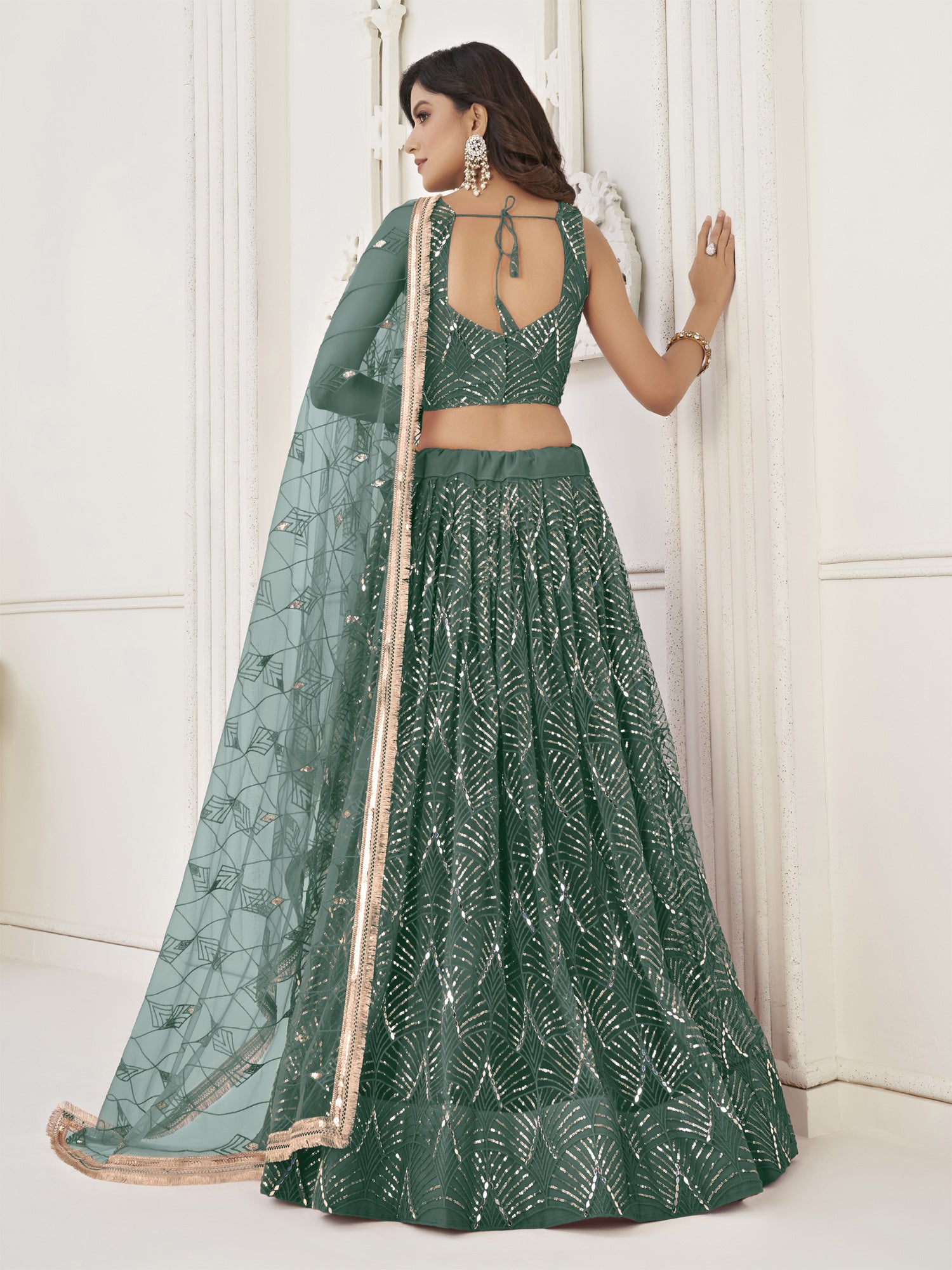 Green Net Lehenga Choli In Thread Work