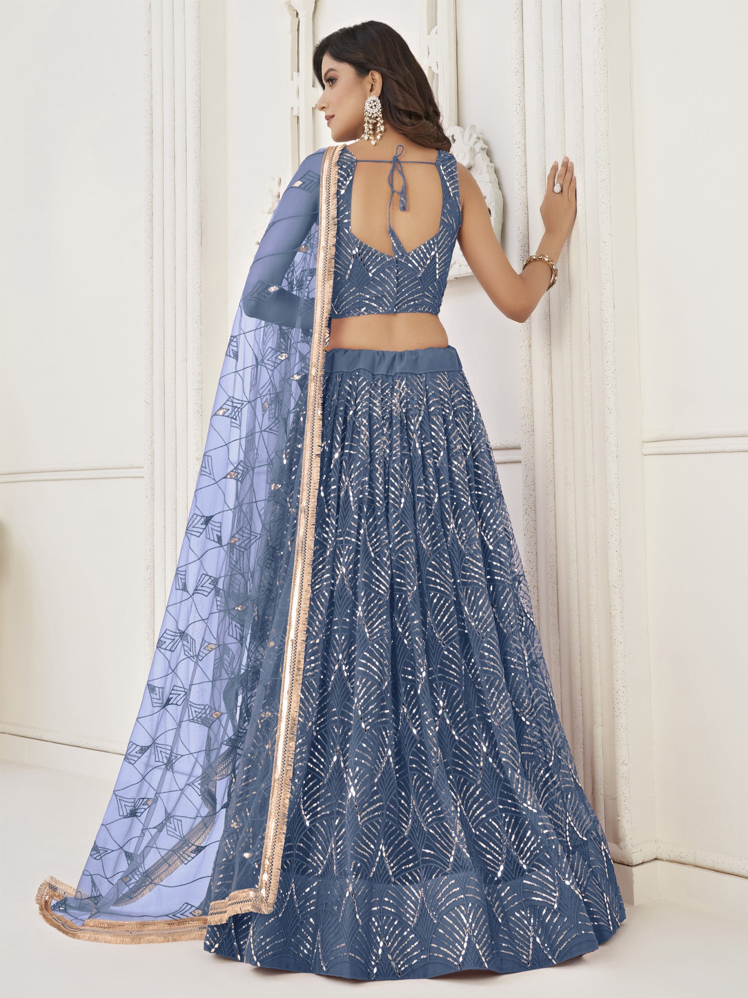 Blue Sequin Embroidered Net Lehenga Choli