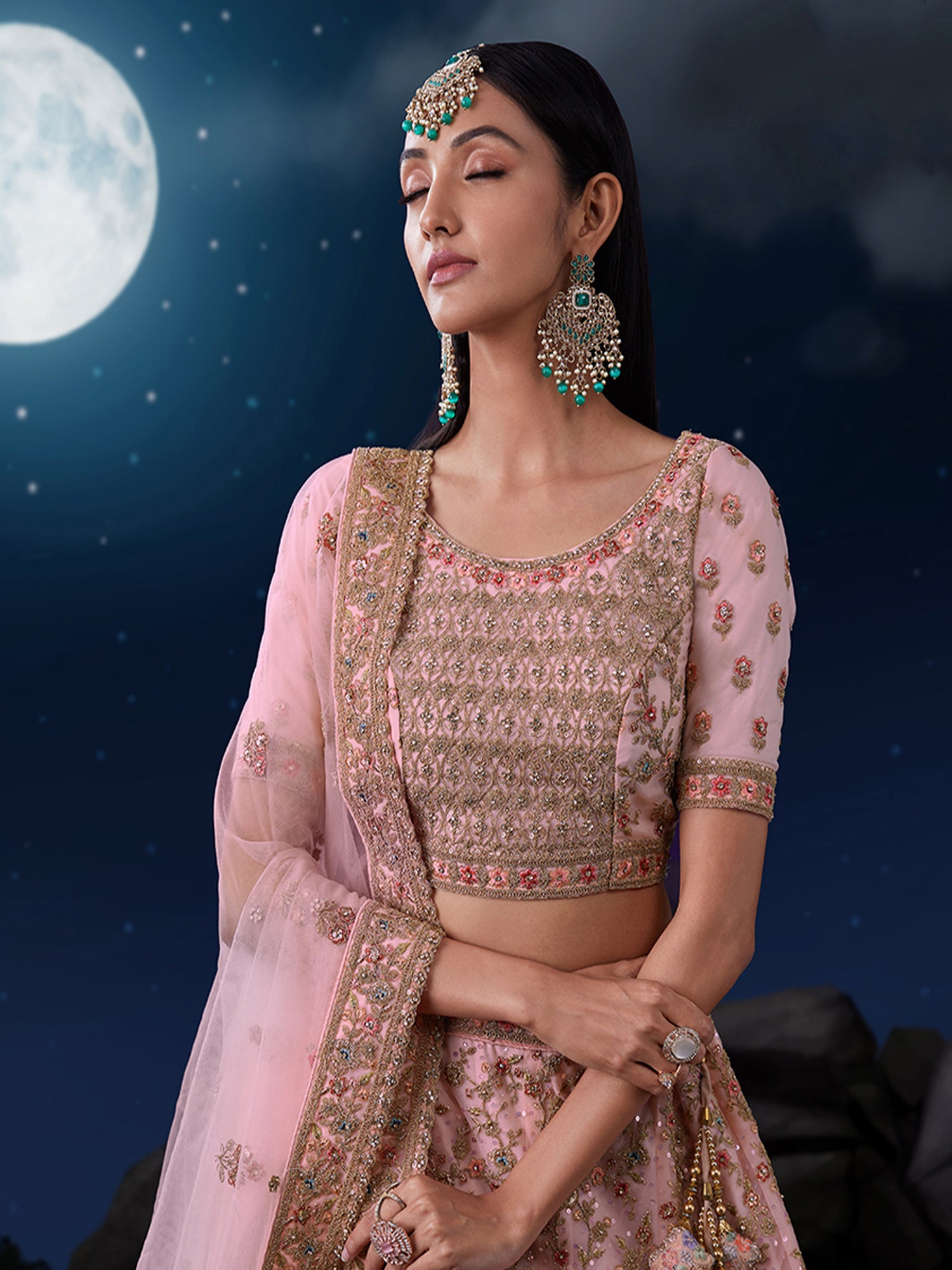 Pink Heavy Zari Embroidered Net Lehenga Choli