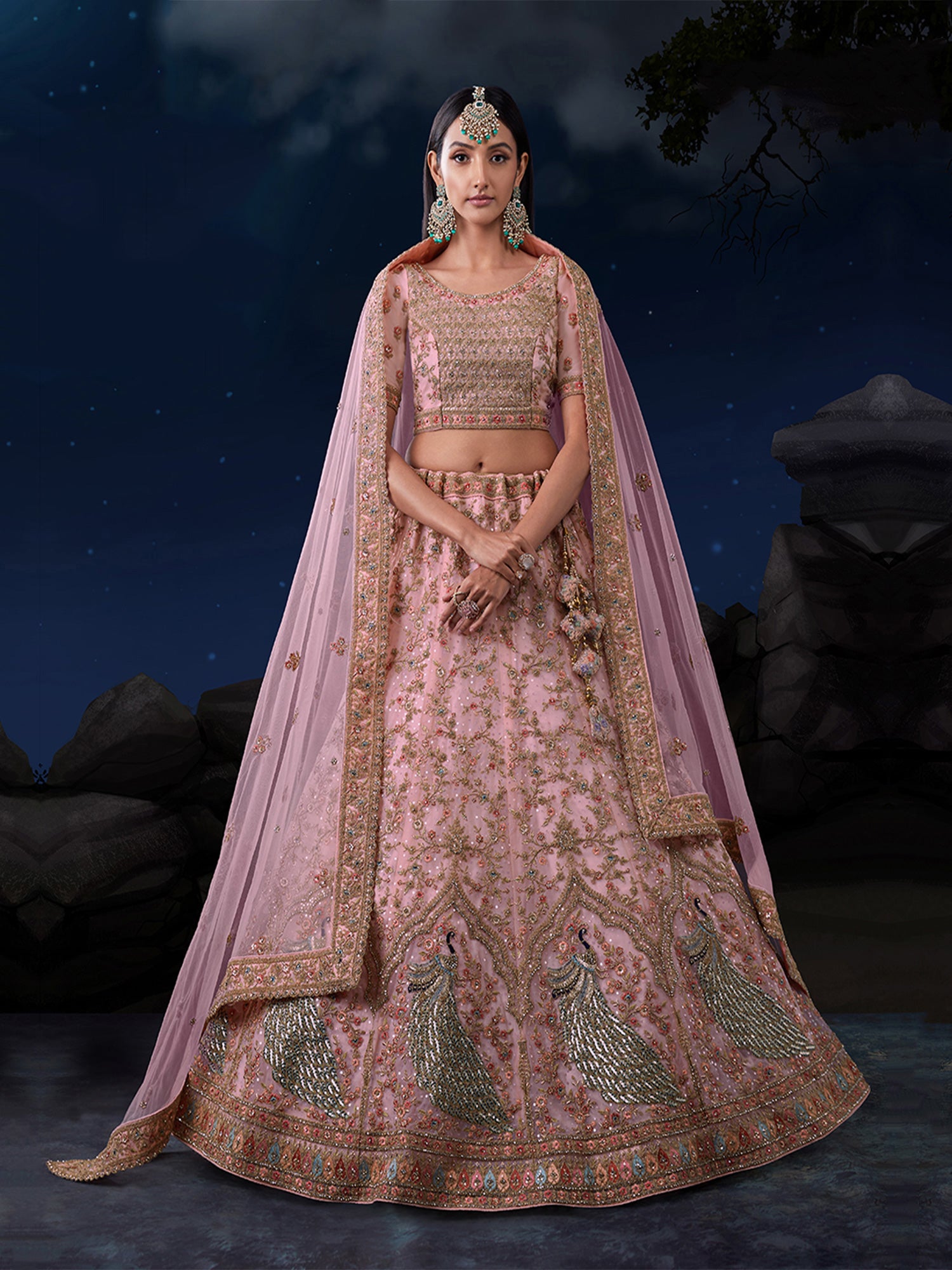 Pink Heavy Zari Embroidered Net Lehenga Choli