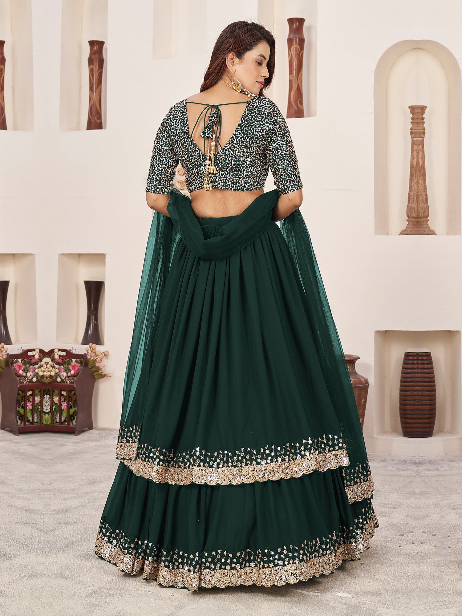 Dark Green Double Layer Lehenga With Sequin Embroidery