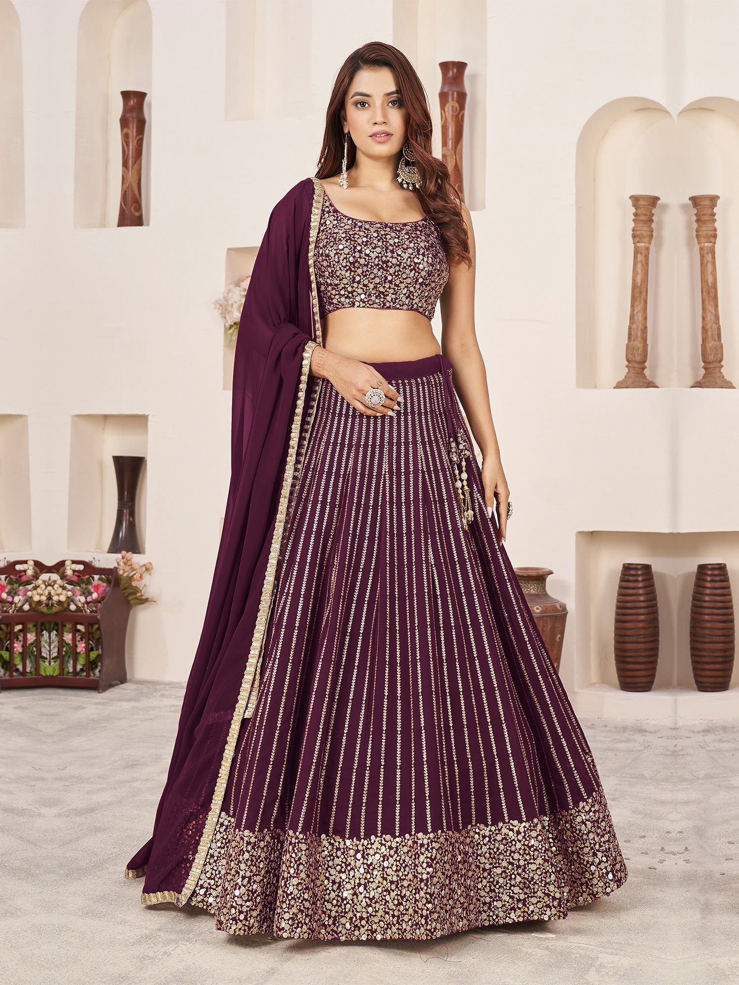 Wine Heavy Zari Embroidered Lehenga Choli In Georgette