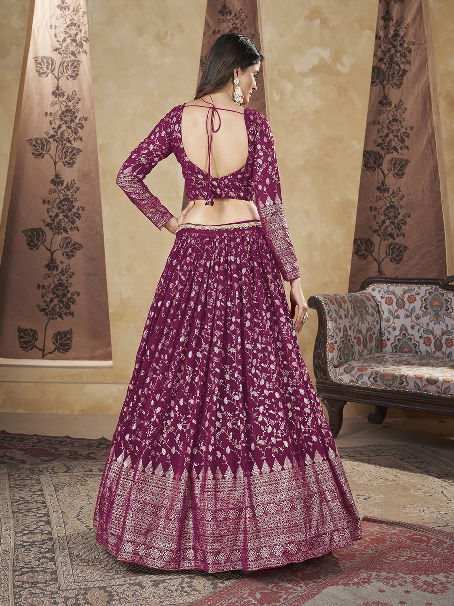 Wine Georgette Lehenga Choli In Foil Embellishment