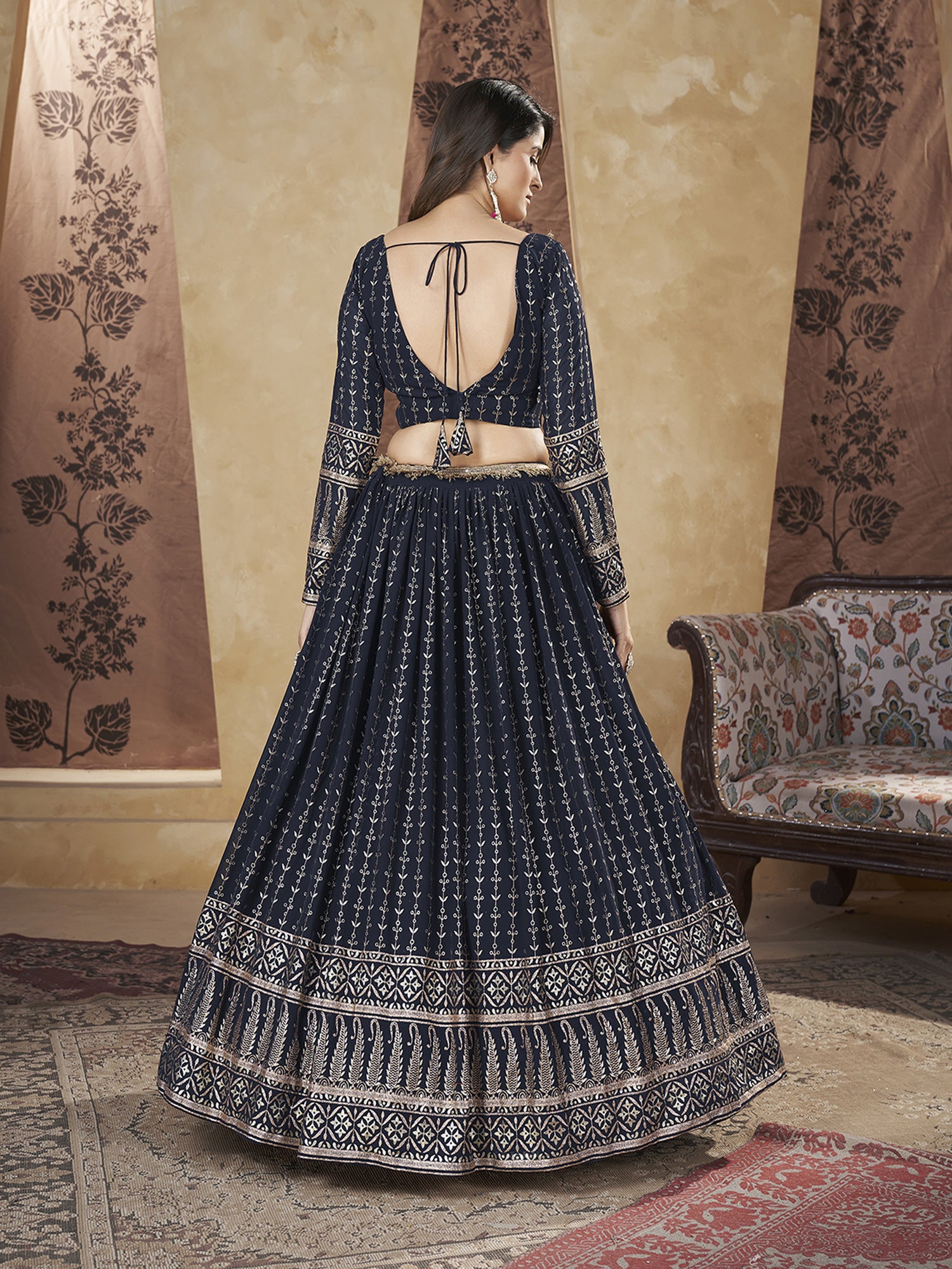 Deep Blue Foil Work Augmented Lehenga Choli In Georgettte