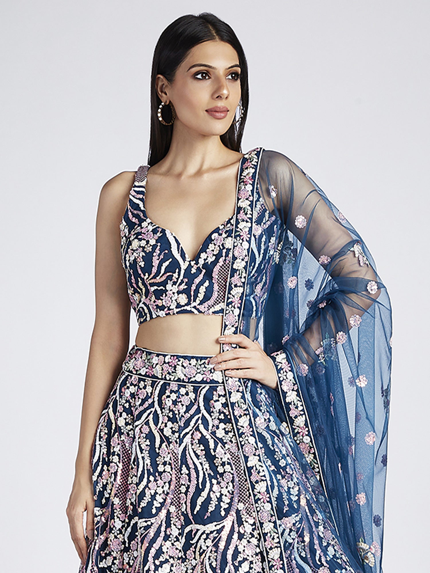 Navy Blue Festive Thread Embroidered Lehenga Choli In Net