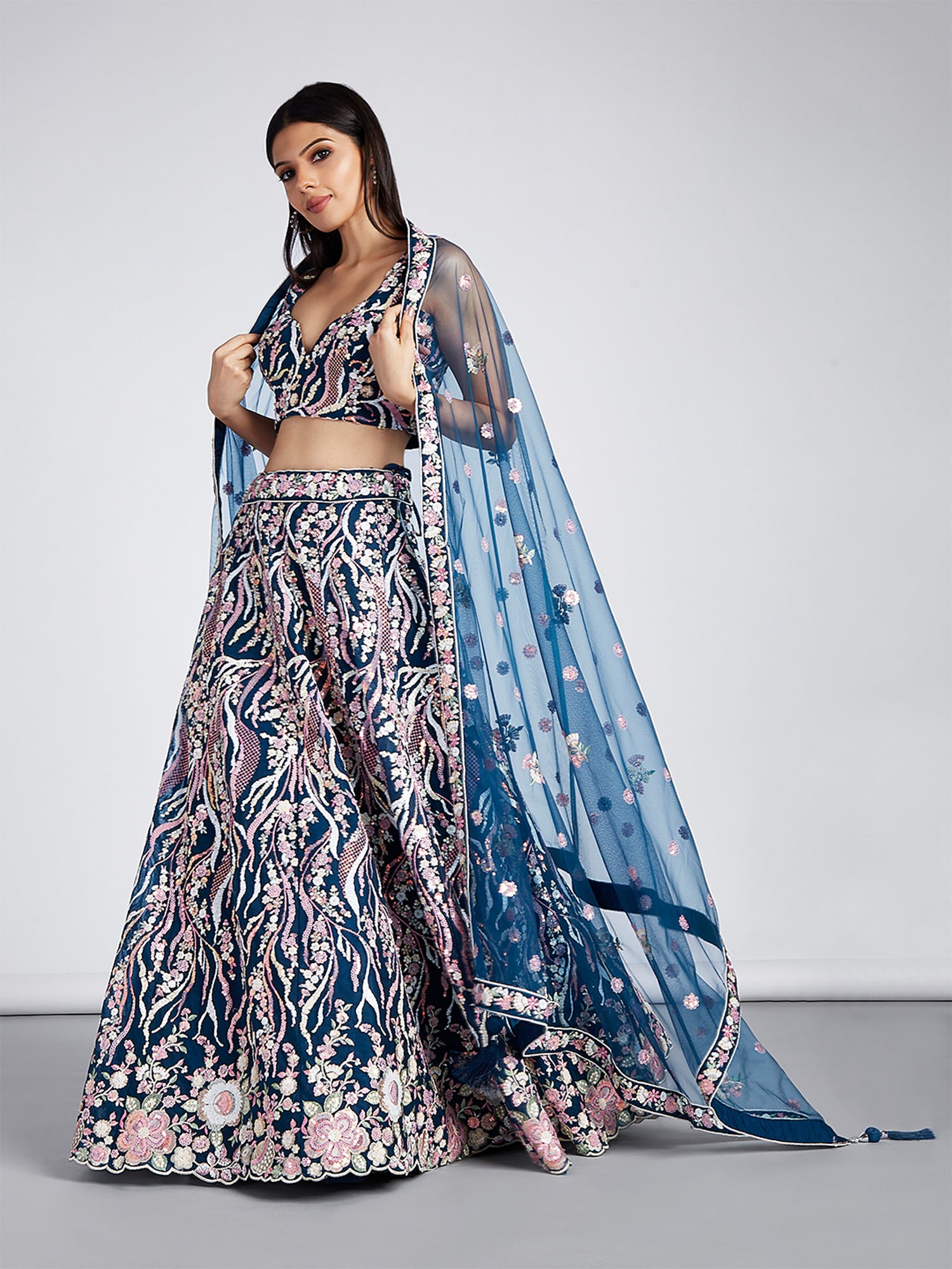 Navy Blue Festive Thread Embroidered Lehenga Choli In Net