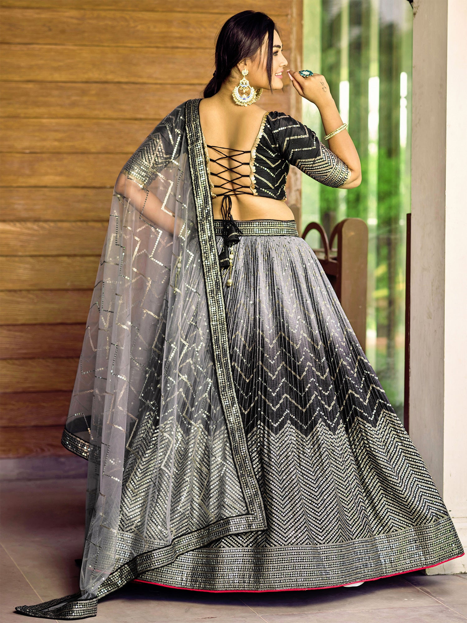 Black Shaded Lehenga Choli In Chinon Silk With Sequins Embellishement
